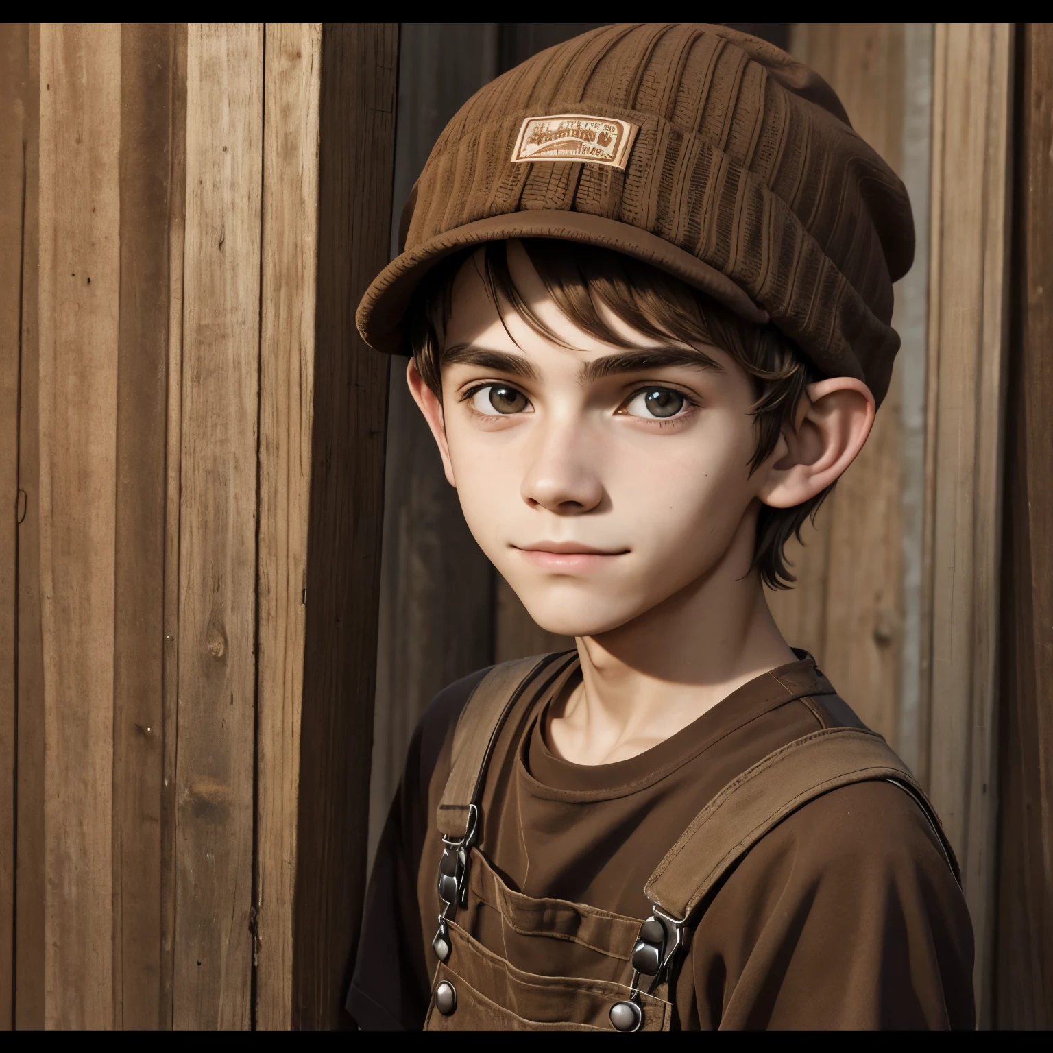 A scrawny 19 year old goofy kid from the 1800s. Dirty round face with a dumb smirk. He’s wearing brown overalls, brown beanie, and a dark undershirt. He has big ears.