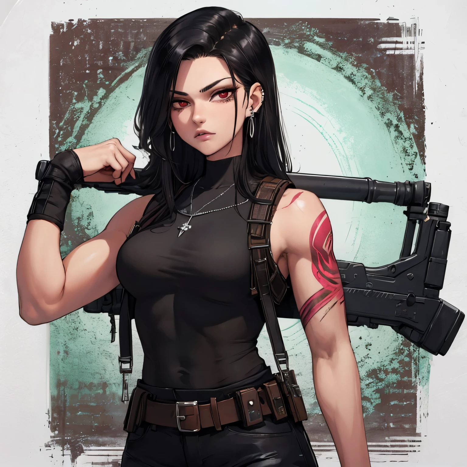 1girl, adult, red eyes, scar on face, very long black hair open middle parting no bangs no face framing bangs, toned muscular ripped body some scars black ink full arm tattoos, black piercings on ears lip piercing silver chain and lock necklace, black pants black not cropped t-shirt harness on thigh with gun holster belt with ammo military armor covered chest, stoic expression, military ((best quality)), ((HD)), ((portrait)), ((4K)), ((masterpiece))