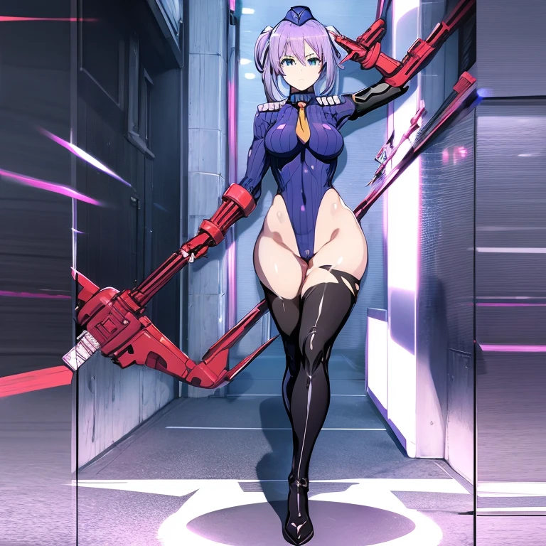 ultra-detailed, Explicit, Beautiful body, Beautiful Nose, Beautiful character design, perfect eyes, perfect face, ultra highres, 4K, beautiful legs, perfect legs, Nice hands, Perfect hand, Masterpiece, Best Quality, Highly detailed, illustration, absurdres, street fighter, doll suit, shadaloo doll, dollsuit, expressionless, blank eyes, looking at viewer, red gloves, emotionless, black latex, corrution, mind control, female combatant, full body, hypnotized, unhappy trance, full body suit, ribbed bodysuit, both arms at side, obey, perfect female body, extremely glossy latex, hypnosis, hypnoLora, empty eyes, Mind control device, poses, submissive_pose, Slave, hat, necktie, stand up straight, standing, standing at attention, hat, necktie, belt, latex, ribbed bodysuit, thighhighs, garter belt, Fighting Stance, extending the right arm from the shoulder into the air with a straightened hand, nazi saluting, military, military saluting, salute, thigh boots, 1girl, Purple hair, green eyes, twin tails, white ribbon, Masamune Usami, Mayo Chiki