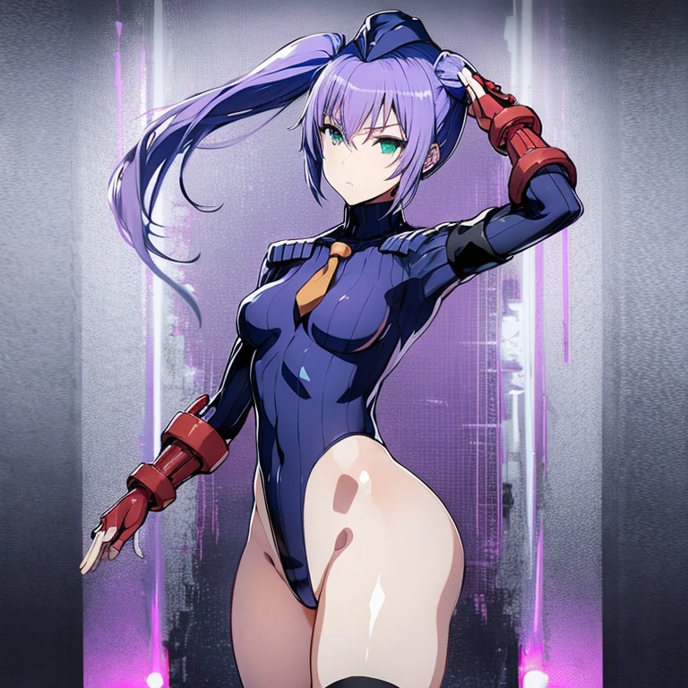 ultra-detailed, Explicit, Beautiful body, Beautiful Nose, Beautiful character design, perfect eyes, perfect face, ultra highres, 4K, beautiful legs, perfect legs, Nice hands, Perfect hand, Masterpiece, Best Quality, Highly detailed, illustration, absurdres, street fighter, doll suit, shadaloo doll, dollsuit, expressionless, blank eyes, looking at viewer, red gloves, emotionless, black latex, corrution, mind control, female combatant, full body, hypnotized, unhappy trance, full body suit, ribbed bodysuit, both arms at side, obey, perfect female body, extremely glossy latex, hypnosis, hypnoLora, empty eyes, Mind control device, poses, submissive_pose, Slave, hat, necktie, stand up straight, standing, standing at attention, hat, necktie, belt, latex, ribbed bodysuit, thighhighs, garter belt, Fighting Stance, extending the right arm from the shoulder into the air with a straightened hand, nazi saluting, military, military saluting, salute, thigh boots, 1girl, Purple hair, green eyes, twin tails, white ribbon, Masamune Usami, Mayo Chiki