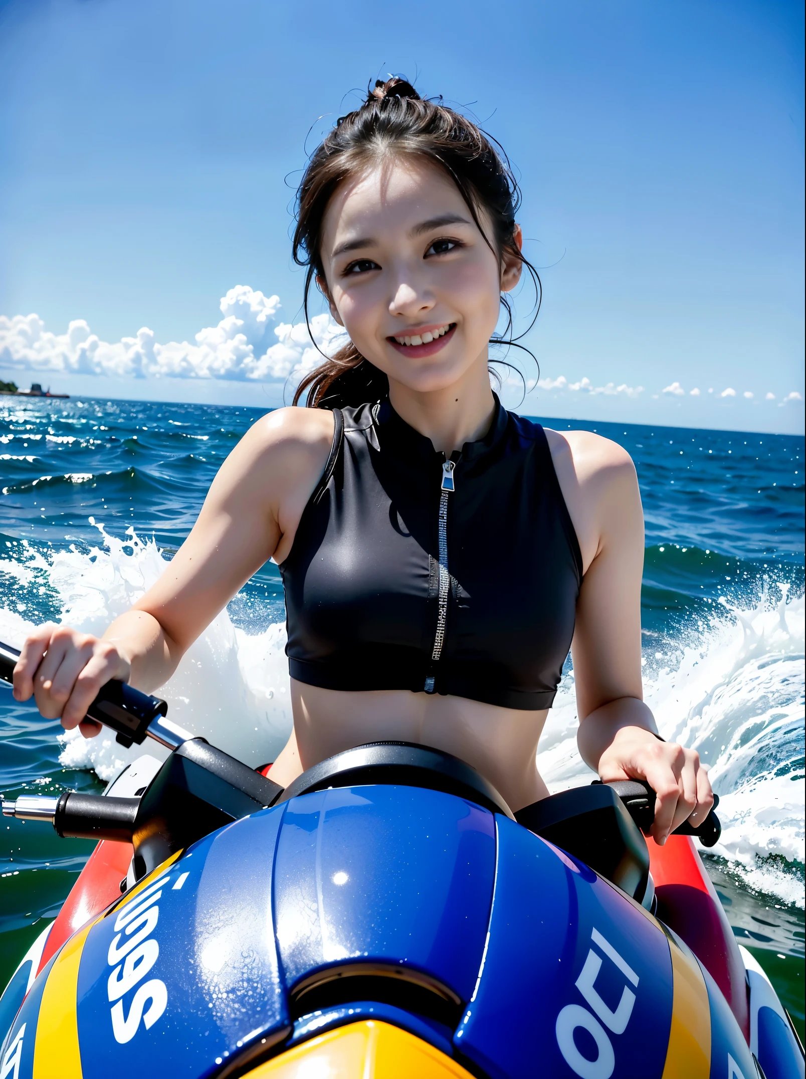 (realisitic、Photorealsitic:1.37)、(8K、Raw photography、top-quality、​masterpiece:1.2)、Very cute woman、ultra-detailliert、Heart-shaped pupil、physically-based renderingt、超A high resolution、Kodak Vision Color、Captured with an Arricam LT camera、bokeh dof、foco nítido、(((Correct anatomy:1.2)))、(adolescence girl), (, petite), (The jet ski is racing across the sea surface at 300 kilometers per hour. This speed creates large ripples on the sea surface, and the spray dances in the sky. The sound of the jet ski&#39;s engine emphasizes this sense of speed, bringing a sense of excitement and adventure. This scene is a symbol of speed and freedom, a stirring moment.)