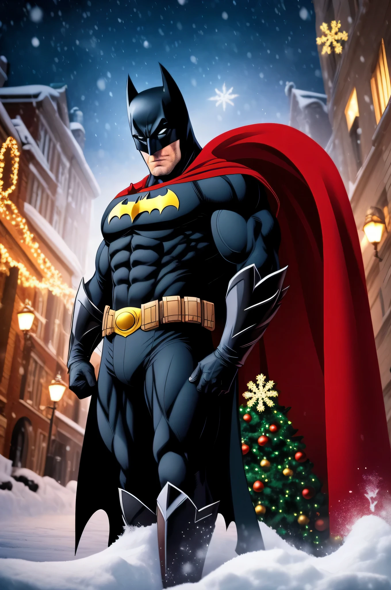 Generate a festive and high-quality image of Batman in a Christmas theme. Imagine Batman in a winter setting, surrounded by holiday decorations and snow. Ensure that Batman is wearing a Santa hat and that the overall atmosphere is both festive and true to the iconic Batman character. Pay attention to details, such as the cape flowing dynamically, and aim for a visually striking and professional-looking composition. Enhance the image quality, focusing on sharpness, color balance, and realistic lighting to bring out the holiday spirit. Feel free to include subtle nods to Batman's world, like a Bat-Signal in the night sky subtly shaped like a Christmas tree. The goal is to create a unique and captivating image that seamlessly merges the Batman universe with the joy of Christmas.