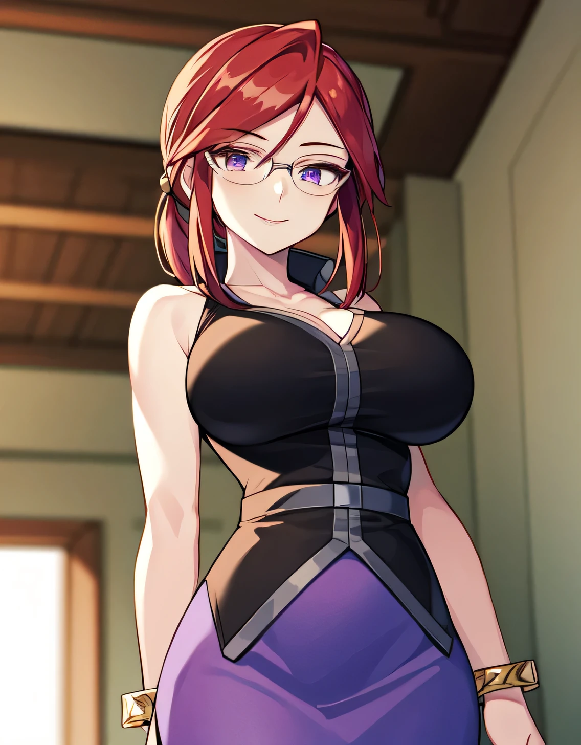 frlg lorelei, Red hair, swept bangs, Glasses, 鎖骨, Black shirt, Sleeveless, 手链, Purple skirt, high-heels,(Large breasts:1.5),Looking at Viewer,Standing,((masutepiece)),((Best Quality)),Perfect Anatomy,8K UHD,extra detailed face,gloss and shiny,((1girl in)),((Solo)),(Beautiful detailed eyes:1.5),image perfect,(Upper body:1.1),(Look at the front:1.1),arms behind back,Slim waist,Shiny hair,(Sensitive smile:1.2),indoor hall,