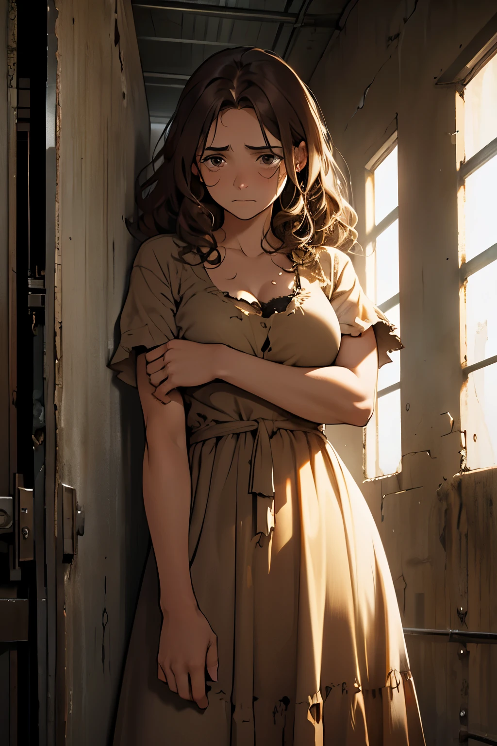 Make a woman, curly and voluminous brown hair, disheveled and brown eyes. Wearing a brown, torn and dirty dress, inside a dirty and dark prison cell, with nothing inside, standing. With tears in her eyes and a very sad expression.
Front view of woman.