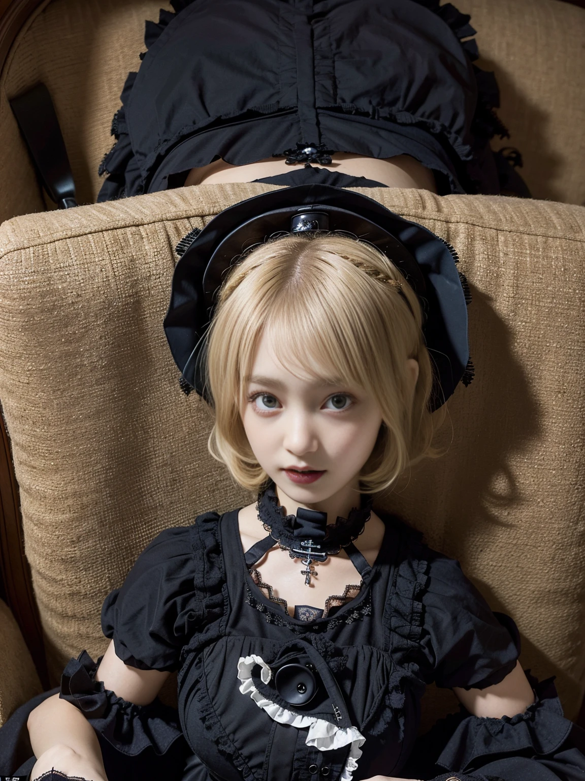 (1girl),clothes in disarray,(gothic lolita:1.5), (big breasts: 1.2), gravure, beautiful Japanese, (from above) ,looking at viewer,(reaching out),(snicker),bust shot,(blonde),(short hair),22years old,