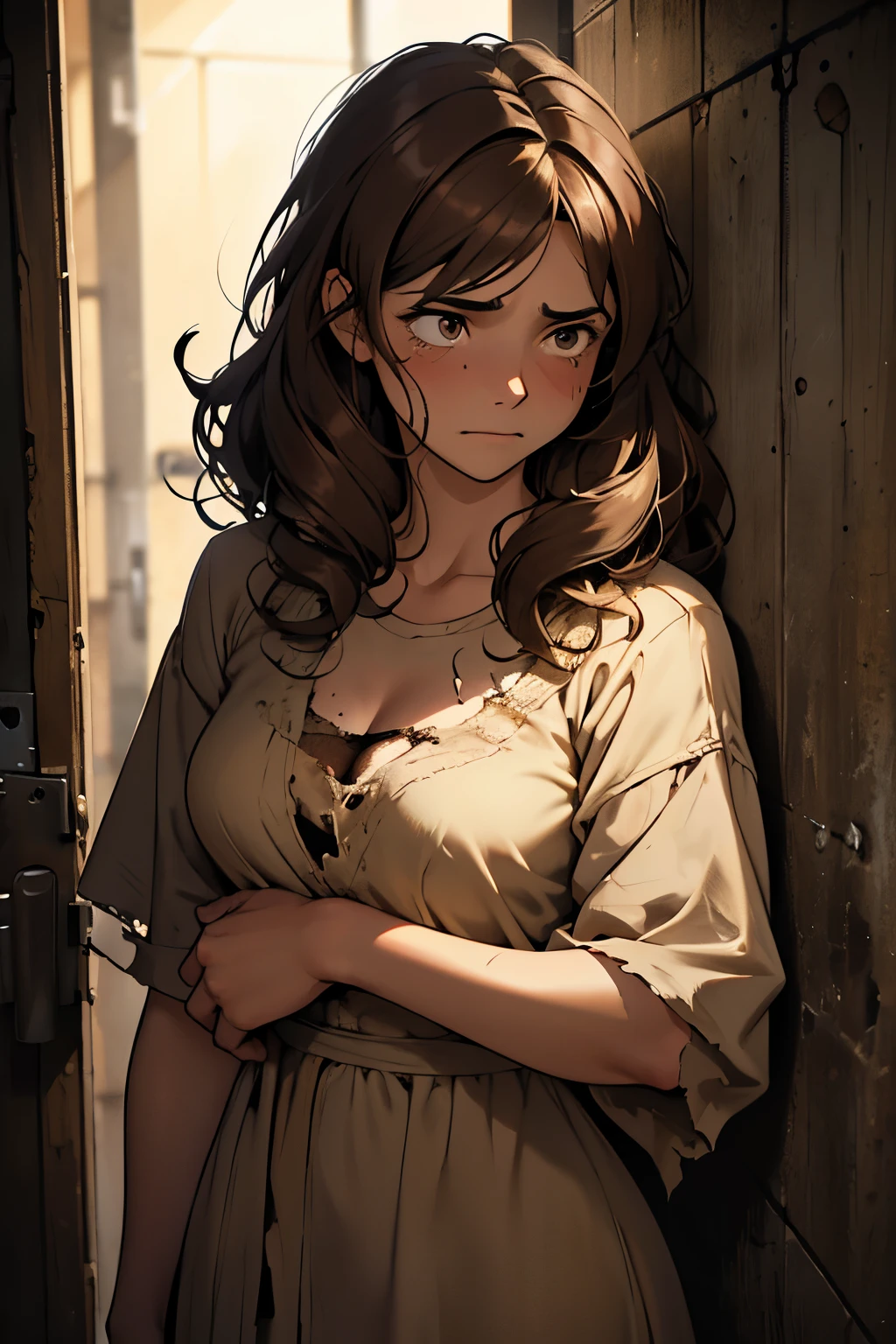 Make a woman, with curly and voluminous brown hair, thin, disheveled, sad, tired and haggard. Brown eyes. Wearing a brown, torn and dirty dress, inside a dirty and dark prison cell, with nothing inside, standing. With tears in my eyes. Sad look.
Front view of woman.