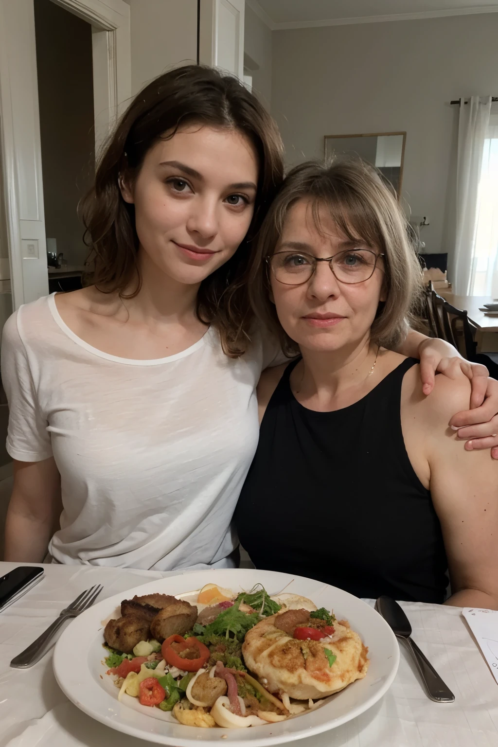 Repas de famille with a grand mère cheveux blanc mi long with frange et verre tête et a grand père lunette yeux bleue grand mère tanche et cheveux gris