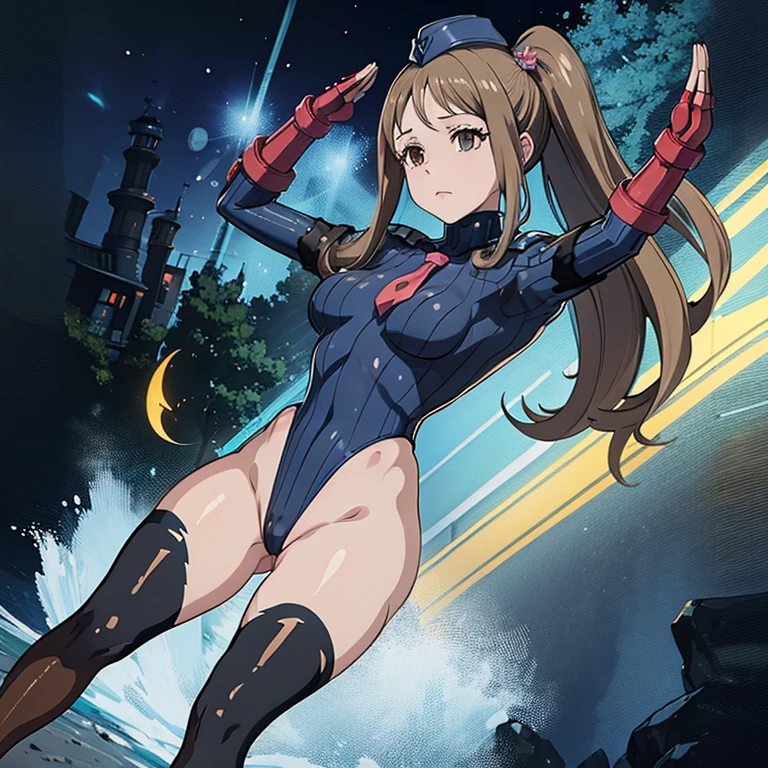 ultra-detailed, Explicit, Beautiful body, Beautiful Nose, Beautiful character design, perfect eyes, perfect face, ultra highres, 4K, beautiful legs, perfect legs, Nice hands, Perfect hand, Masterpiece, Best Quality, Highly detailed, illustration, absurdres, street fighter, doll suit, shadaloo doll, dollsuit, expressionless, blank eyes, looking at viewer, red gloves, emotionless, black latex, corrution, mind control, female combatant, full body, hypnotized, unhappy trance, full body suit, ribbed bodysuit, both arms at side, obey, perfect female body, extremely glossy latex, hypnosis, hypnoLora, empty eyes, Mind control device, poses, submissive_pose, Slave, hat, necktie, stand up straight, standing, standing at attention, hat, necktie, belt, latex, ribbed bodysuit, thighhighs, garter belt, Fighting Stance, extending the right arm from the shoulder into the air with a straightened hand, nazi saluting, military, military saluting, salute, thigh boots, 1girl, Masamune-kun no Revenge, Kinue Hayase, brown hair, brown eyes, side ponytail, long hair