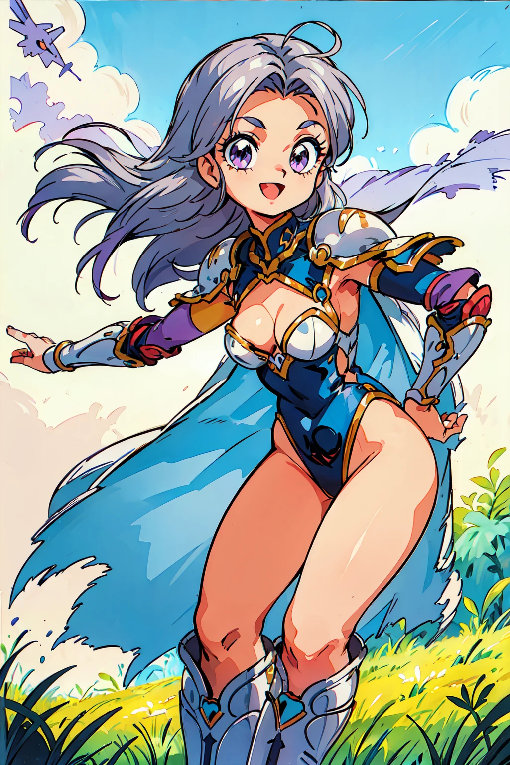 "(masterpiece:1.1), best quality,
1girl, (traditional media 80s:1.4), (eyelashes:1.5), (:1.2),
(intricate high detailed body:1.2),
(silver hair:1.1), (forehead, hair slicked back:1.2), (long hair, straight hair:1.1), (animal ears:1.1),
purple eyes,
(small breasts:1.1),
(happy, smile:1.2), open mouth,
(leotard armor, cleavage cutout:1.2), (knight armor, armored boots:1.2),
(ahoge:1.2), collar,
standing, (dynamic pose, action pose, leaning forward:1.2),
(upper body, cowboy shot, looking at viewer:1.1),
(daytime, grassland, outdoors:1.1)"