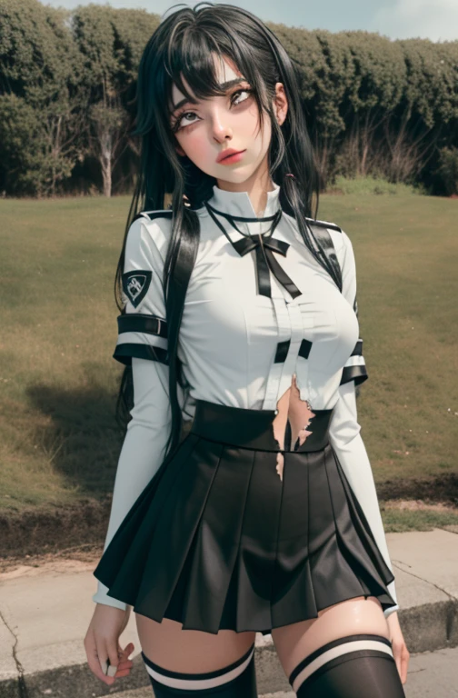 (full figure:1.1), (1 girl as yukino yukinoshita:1.5), highres, solo, big breasts, waist long black hair, (twintails:0.5), (pleated miniskirt:1.2), (black thighhigh socks:1.2), loose red ribbon, (flipping skirt:1.2), (unbuttoned white shirt:1.4), (ahegao:1.5), green eyes, (rolling eyes:1.5), (torn clothes:1.5), naked breastss, spread legs, no panties