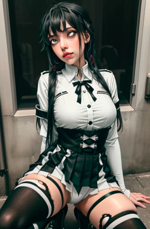 (full figure:1.1), (1 girl as yukino yukinoshita:1.5), highres, solo, big breasts, waist long black hair, (twintails:0.5), (pleated miniskirt:1.2), (black thighhigh socks:1.2), loose red ribbon, (flipping skirt:1.2), (unbuttoned white shirt:1.4), (ahegao:1.5), green eyes, (rolling eyes:1.5), (torn clothes:1.5), naked breastss, spread legs, no panties