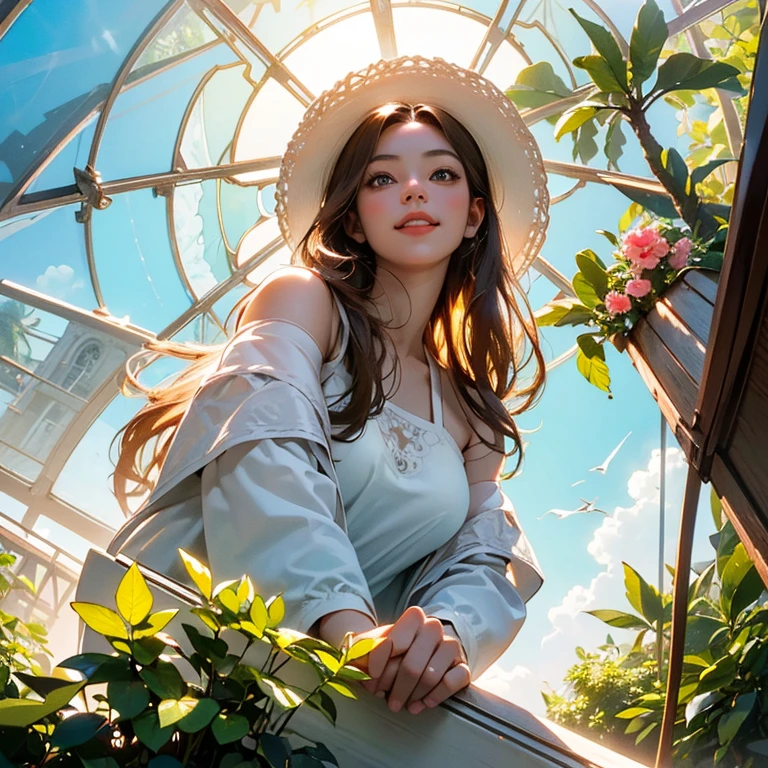 ( Masterpiece, best quality , shot from below , 75mm lens, fisheye:1.2 ), ((pov from below:1.4)), (( beautiful, luxurious, greenhouse dome:1.5, glass panels, plants of colours, vibrant , extreme high detailed, intricate details )). ( 1woman_/(kimtaeyeon/), narrow face, strong jaw, [plump cheeks], transparent glasses, dark hair with blonde highlights, loving smile, beautiful eyes, caring smile, wearing beach summer ootd ), ( cinematic lighting, backlit, soft light)