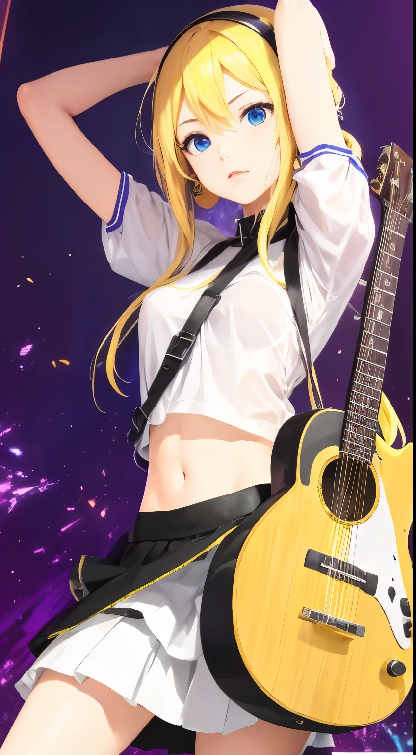 masterpiece, top quality 16k raw photo of Vocaloid3 Lily posing with guitar, blond hair blue eyes. navel look white skirt. hand behind her head.