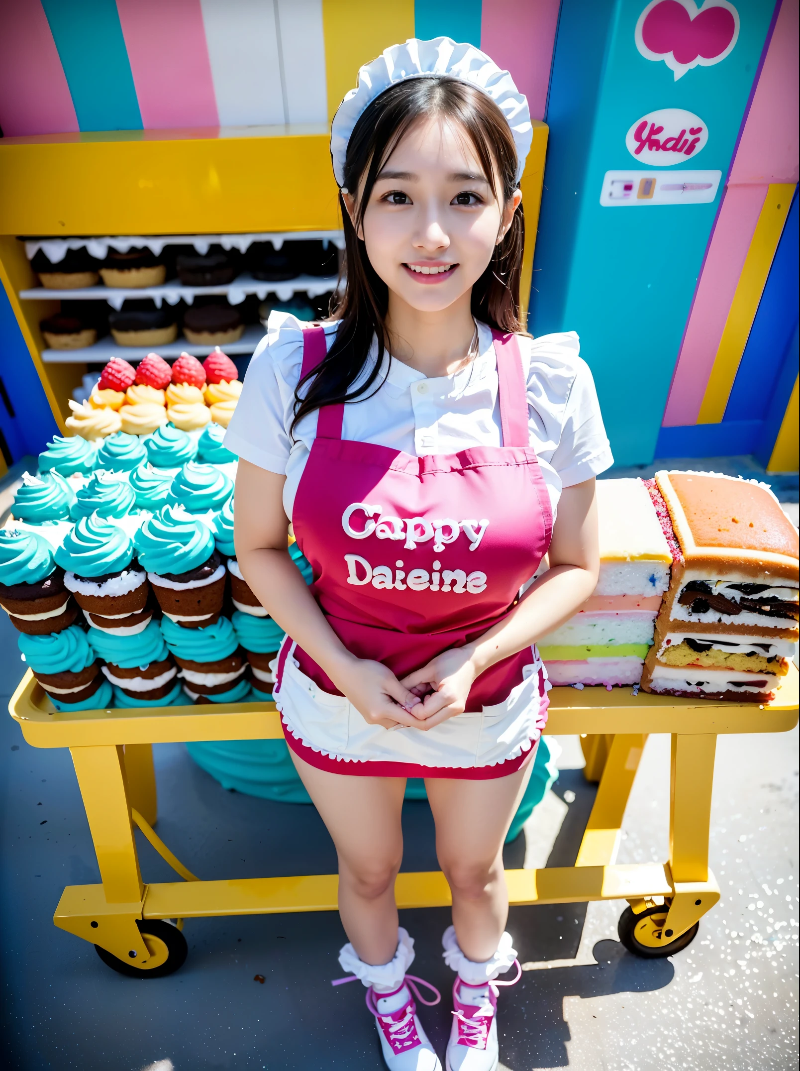 (realisitic、Photorealsitic:1.37)、(8K、Raw photography、top-quality、​masterpiece:1.2)、Very cute woman、ultra-detailliert、Heart-shaped pupil、physically-based renderingt、超A high resolution、Kodak Vision Color、Captured with an Arricam LT camera、bokeh dof、foco nítido、(((Correct anatomy:1.2)))、1japanese girl, (narrow waist:1.1), (gigantic breasts:1.3), small face, medium wavy hair, round face, dropping eyes, cute beautiful face, (child-faced:1.1),
BREAK
fun feeling, happy feeling, grin,
(dynamic pose, dynamic angle:1.1), random pose, random angle, (full body:2),
happy expression, cute laugh,
Pose of working hard,
(at cute cake factory with colorfully painted walls:1.3), (cute colorful machines, cake, cake being carried by a conveyor, cake carried on a push car, colorful boxes of cakes piled up:1.6), (wide shot:2),
(maid apron:1.3),
BREAk
masterpiece, best quality, 8K, detailed, detailed face and skin, (ultra high res:1.1), (photorealistic:1.4), symmetric clear eyes, well-groomed face,