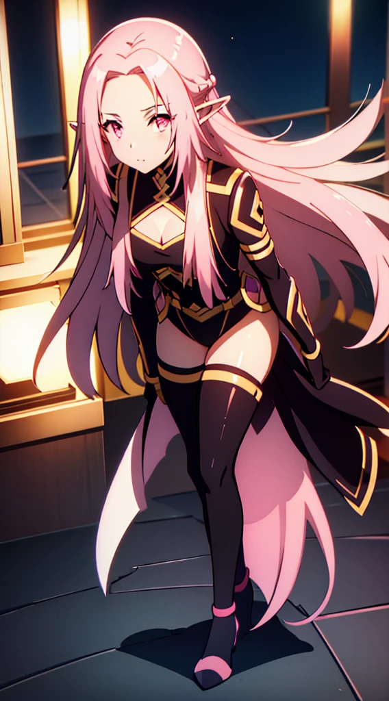 ((Original, masterpiece, high quality)), ((1girl, solo, extremely long hair, white and pink hair, pink eyes, elf ears)), ((black bodysuit, heels, spellcaster, eminence in shadow, full body))