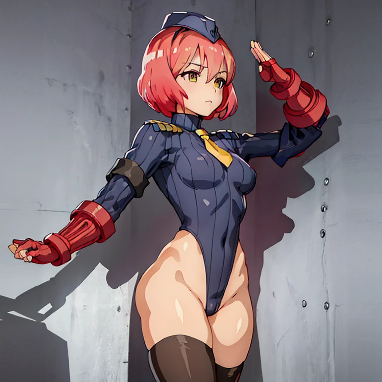 ultra-detailed, Explicit, Beautiful body, Beautiful Nose, Beautiful character design, perfect eyes, perfect face, ultra highres, 4K, beautiful legs, perfect legs, Nice hands, Perfect hand, Masterpiece, Best Quality, Highly detailed, illustration, absurdres, street fighter, doll suit, shadaloo doll, dollsuit, expressionless, blank eyes, looking at viewer, red gloves, emotionless, black latex, corrution, mind control, female combatant, full body, hypnotized, unhappy trance, full body suit, ribbed bodysuit, both arms at side, obey, perfect female body, extremely glossy latex, hypnosis, hypnoLora, empty eyes, Mind control device, poses, submissive_pose, Slave, hat, necktie, stand up straight, standing, standing at attention, hat, necktie, belt, latex, ribbed bodysuit, thighhighs, garter belt, Fighting Stance, extending the right arm from the shoulder into the air with a straightened hand, nazi saluting, military, military saluting, salute, thigh boots, 1girl, Watashi no Yuri wa Oshigoto Desu!, Koshiba Mai , pink hair, short hair, yellow eyes,
