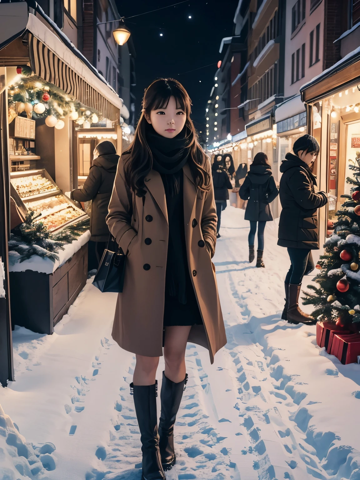 high-definition picture、Realistic Photos、Detailed description、Eye-level panoramic view、wide angles、full body seen。A town bustling with Christmas、a lot of people、Christmas Lights、Snowy city、decorated city、Cold nights、Young woman waiting for someone in the distance、女性のfull body seen、she looks far away、cute little、woman is wearing a coat and boots。Shopping street in front of the station、Near the subway exit、Good time、lonely time。