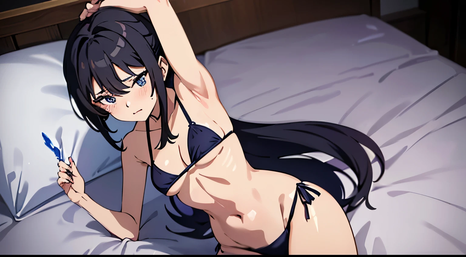enchanting gesture、(tmasterpiece、quality、the detail、超高分辨率、8K、Beautifully detailed lighting、Very beautiful girl、Hair style with bangs、Very long black low ponytail，female high-school student、Clothed only in bikini、cleavage display、 Blue eyes、Sleeping on the Bed、Red blush、 facial expressions seen from behind、soft back、Perfectly trimmed fingers，don't have clotheull body photo，slender thighs，Spread your legs，messy hair，half-open bikini。Tsundere，body up and down，Strenuous movements、Hand repair