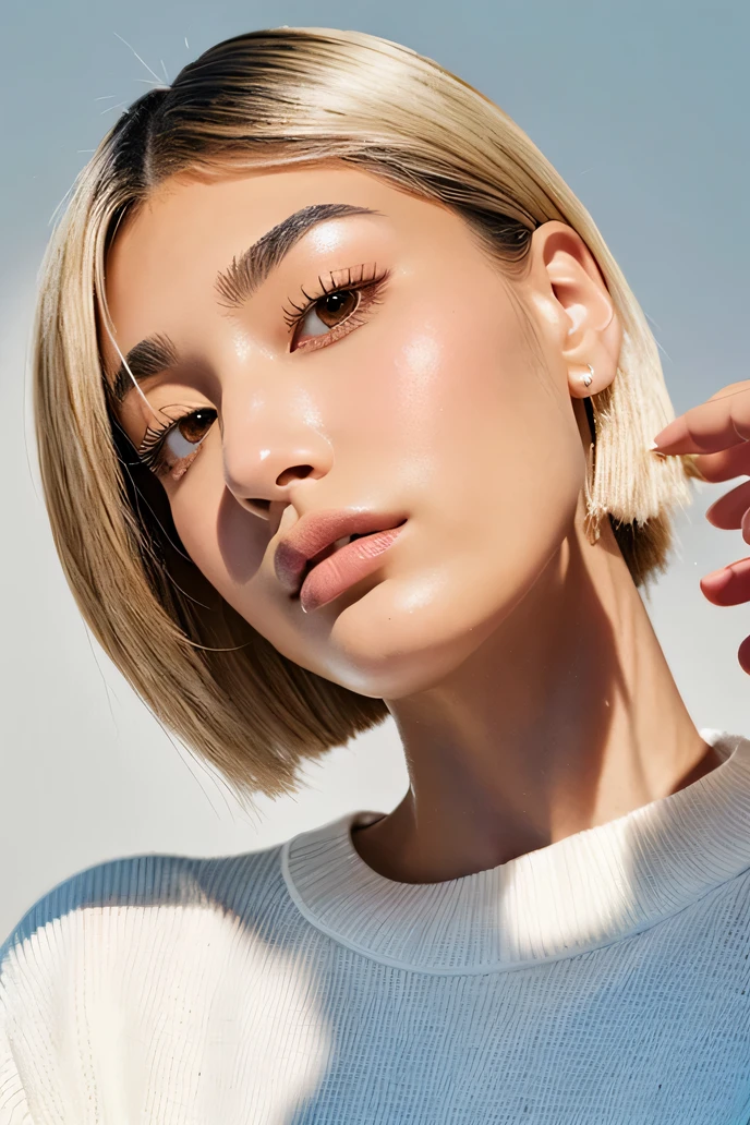 hailey bieber、white walls、verd s eyes、shadowy、Gloss、Gradient Bob、perm、thick eyebrow、White sweater、sideways Facing、whole head