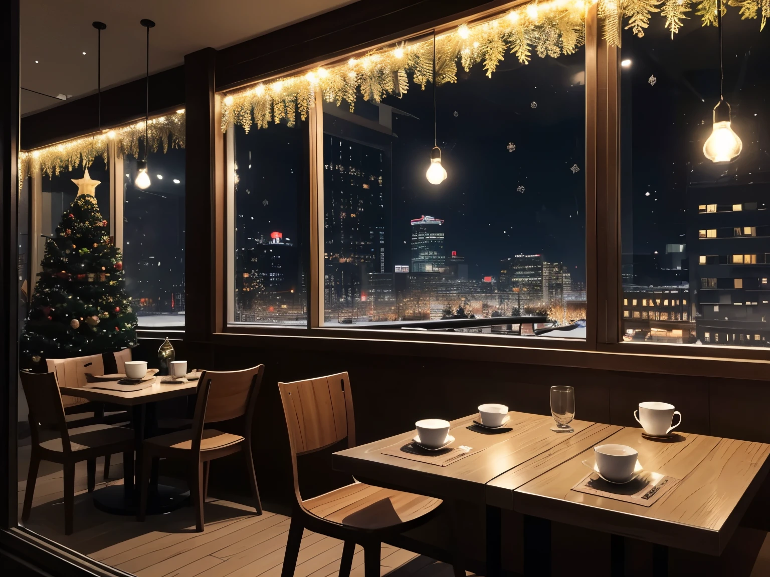 High-definition images、Realistic photos、Detailed description。Camera angle from the first floor。tea shop、Scenery through the glass、Outside the window is the city at night、It's snowing、tea shopの窓ガラスに映るクリスマスの街並み、many people outside the window、The dark outside scenery seen from inside the warm and bright interior、The tableにはコーヒーカップ、The table、cup and saucer、Christmas Lights、Lively streetscape and quiet interior、Friendly atmosphere、I hear jingle bells、Good time。