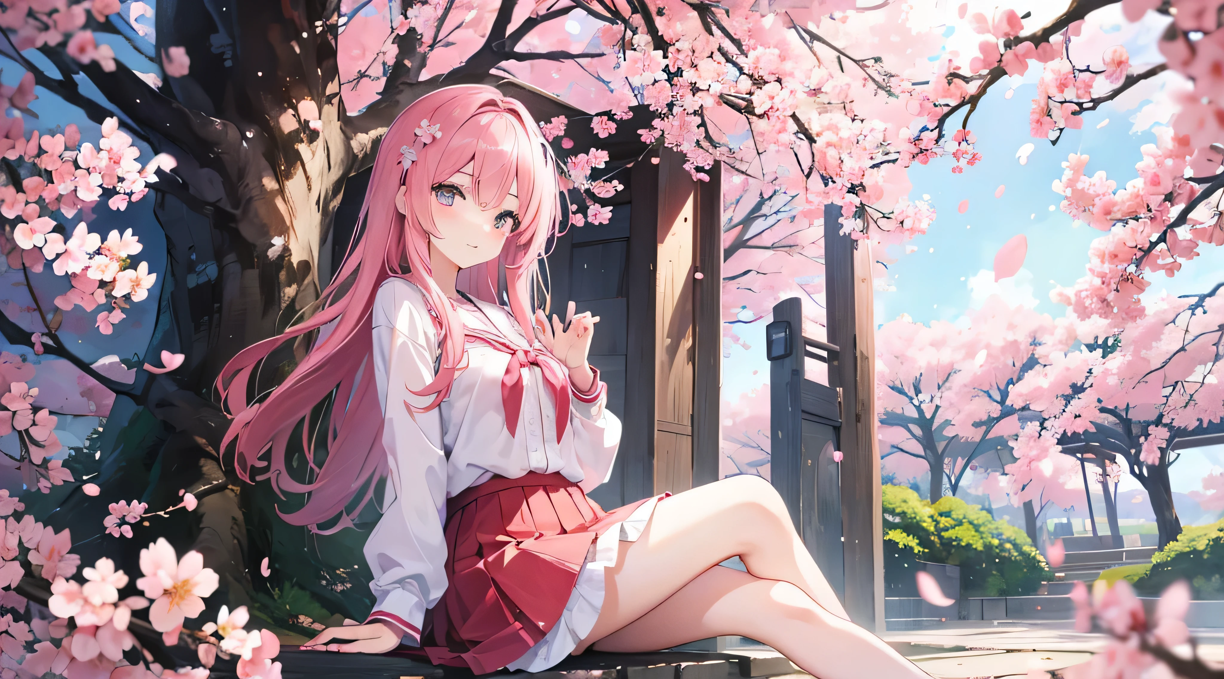 Anime girl sitting on a bench in front of a tree with pink flowers ...