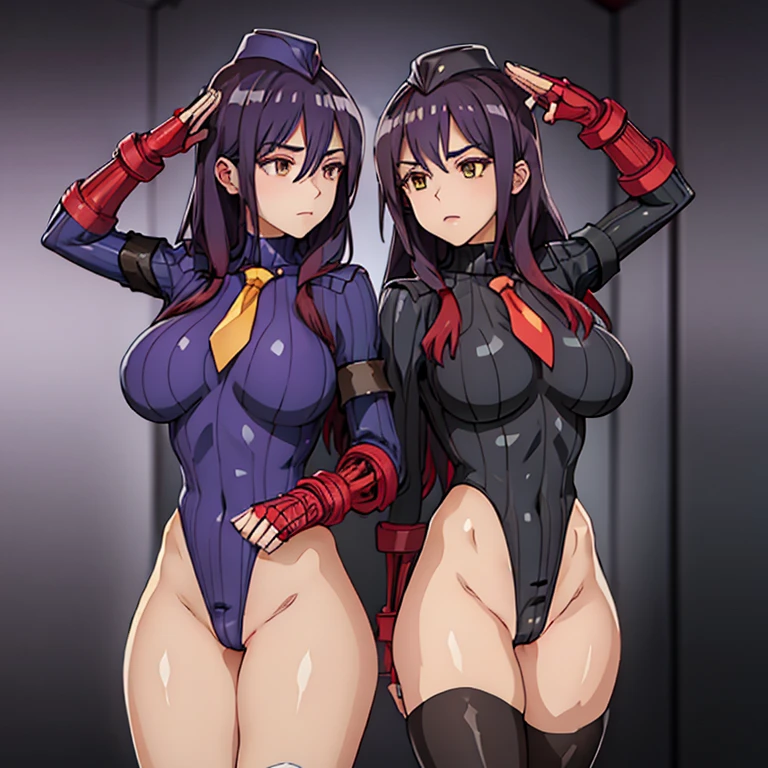 ultra-detailed, Explicit, Beautiful body, Beautiful Nose, Beautiful character design, perfect eyes, perfect face, ultra highres, 4K, beautiful legs, perfect legs, Nice hands, Perfect hand, Masterpiece, Best Quality, Highly detailed, illustration, absurdres, street fighter, doll suit, shadaloo doll, dollsuit, expressionless, blank eyes, looking at viewer, red gloves, emotionless, black latex, corrution, mind control, female combatant, full body, hypnotized, unhappy trance, full body suit, ribbed bodysuit, both arms at side, obey, perfect female body, extremely glossy latex, hypnosis, hypnoLora, empty eyes, Mind control device, poses, submissive_pose, Slave, hat, necktie, stand up straight, standing, standing at attention, hat, necktie, belt, latex, ribbed bodysuit, thighhighs, garter belt, Fighting Stance, extending the right arm from the shoulder into the air with a straightened hand, nazi saluting, military, military saluting, salute, thigh boots, 1girl, Watashi no Yuri wa Oshigoto Desu!, purple hair, long hair, yellow eyes, Yano Mitsuki, large breat,