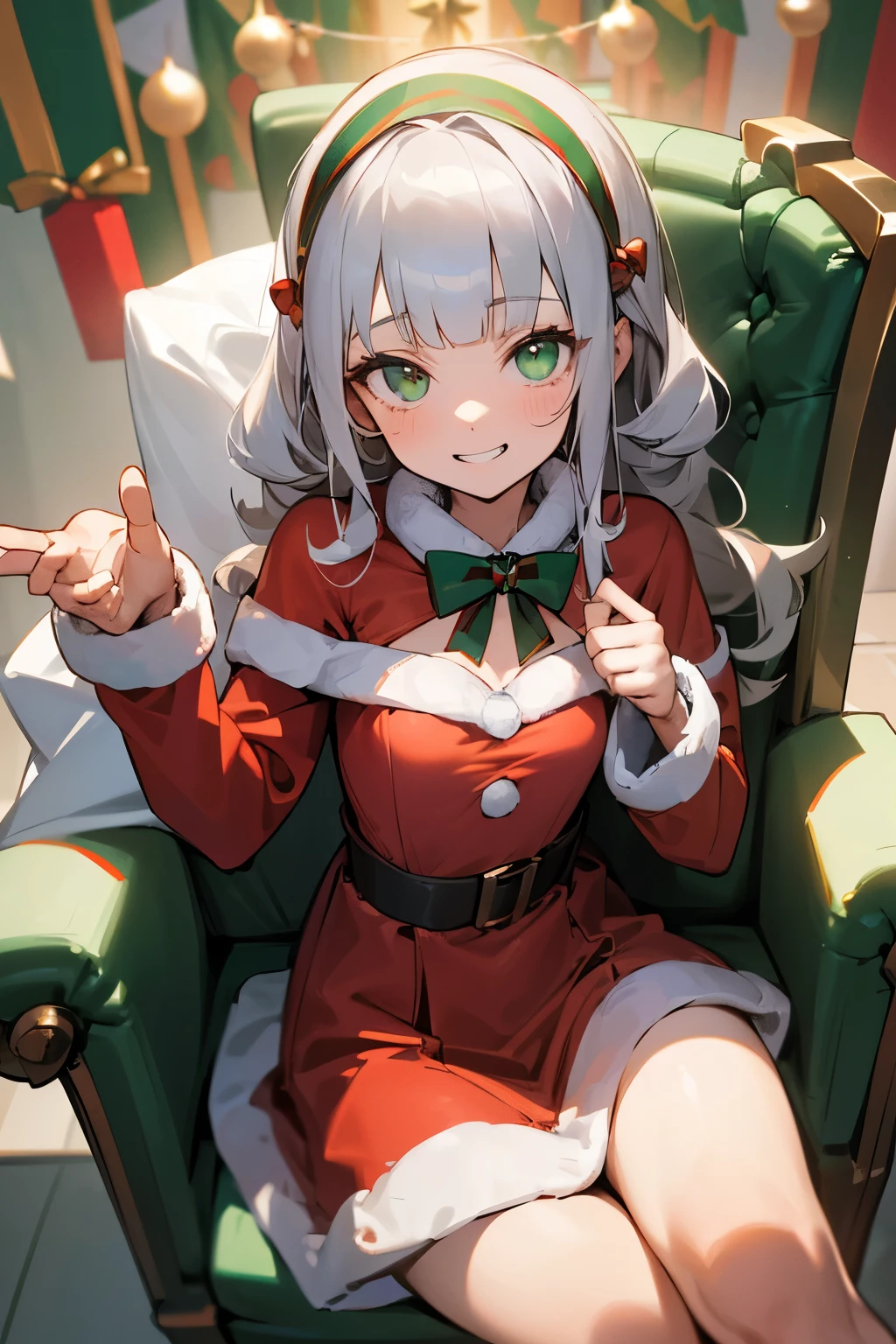 ((Masterpiece)), (1girl), (short stature), (sitting on the Christmas chair), (Wearing a cute Santa costume), (Cute Pose), ((cute teenage young girl)), (very blunt bangs), (loose curls hair), (breasts length hair), high details of pale silver hair, (very grin face), brilliant green eyes, ((drooping eyes)), (very cute), (small breasts), slender waist, (warm happy room), snowy, Offering a gift of some kind, Disturbing gift, (Ejecting a gift box), ((ChristmasTheme)), cityscape