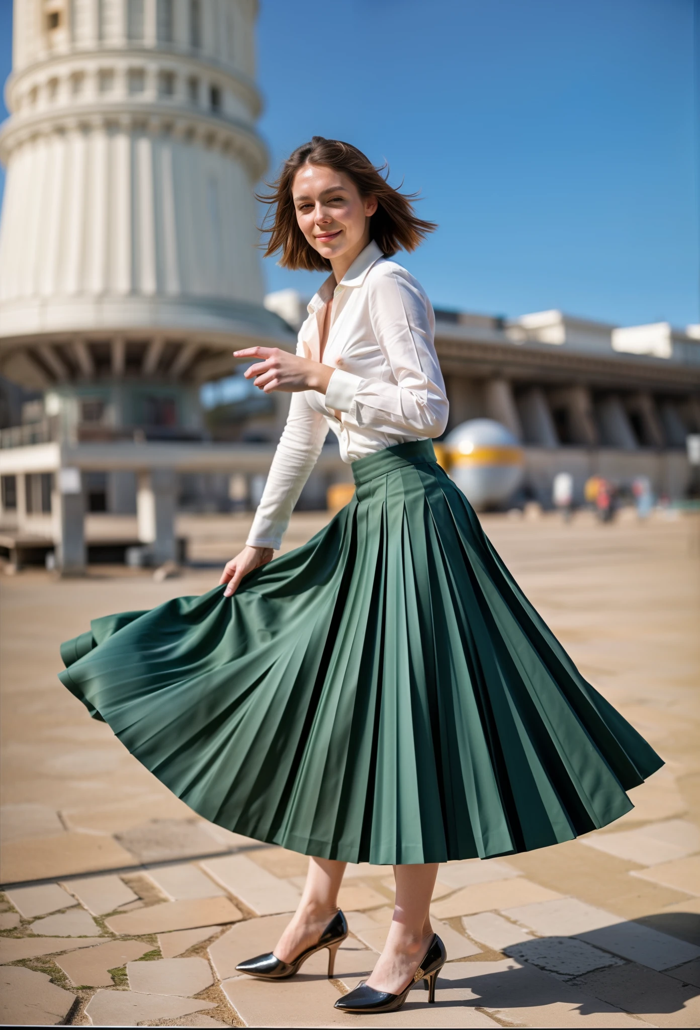 35mm f1.4 Kodak portra 400 photograph, extremely high quality RAW photograph, a woman is playing with her skirt on space station, (shy) authentic (kind and tender) lesbian woman wearing a short blazer with a very very detailed (long (fully pleated) full circle skirt) and () low heeled office shoes, very very intricate hyper-detailed symmetric (attractive graceful young feminine face) with (sad, tired) eyes and a (flirty smile:1.2), full of empathy and compassion and love, (pronounced feminine features:1,3), (big boobs, large breast), (no shirt, no bra), (highly detailed ultra accurate realistic) hands and fingers, ((windy conditions and wind blowing)), epic composition, highly detailed attributes, highly detailed atmosphere, detailed background, intricate, Exquisite details and textures, highly detailed, deep space station secret operations active background