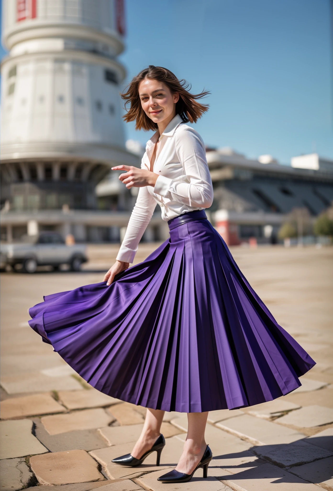 35mm f1.4 Kodak portra 400 photograph, extremely high quality RAW photograph, a woman is playing with her skirt on space station, (shy) authentic (kind and tender) lesbian woman wearing a short blazer with a very very detailed (long (fully pleated) full circle skirt) and () low heeled office shoes, very very intricate hyper-detailed symmetric (attractive graceful young feminine face) with (sad, tired) eyes and a (flirty smile:1.2), full of empathy and compassion and love, (pronounced feminine features:1,3), (big boobs, large breast), (no shirt, no bra), (highly detailed ultra accurate realistic) hands and fingers, ((windy conditions and wind blowing)), epic composition, highly detailed attributes, highly detailed atmosphere, detailed background, intricate, Exquisite details and textures, highly detailed, deep space station secret operations active background