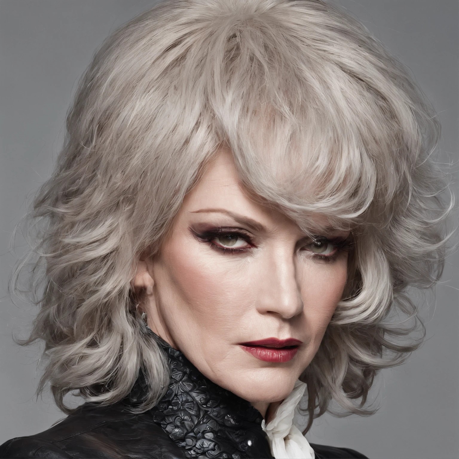 1man, English thug, bad skin, masculine features, dressed like a woman, makeup, wig, rough look, 50 years old, overweight ,upper body shot