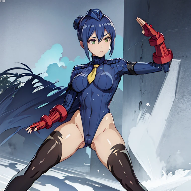 ultra-detailed, Explicit, Beautiful body, Beautiful Nose, Beautiful character design, perfect eyes, perfect face, ultra highres, 4K, beautiful legs, perfect legs, Nice hands, Perfect hand, Masterpiece, Best Quality, Highly detailed, illustration, absurdres, street fighter, doll suit, shadaloo doll, dollsuit, expressionless, blank eyes, looking at viewer, red gloves, emotionless, black latex, corrution, mind control, female combatant, full body, hypnotized, unhappy trance, full body suit, ribbed bodysuit, both arms at side, obey, perfect female body, extremely glossy latex, hypnosis, hypnoLora, empty eyes, Mind control device, poses, submissive_pose, Slave, hat, necktie, stand up straight, standing, standing at attention, hat, necktie, belt, latex, ribbed bodysuit, thighhighs, garter belt, Fighting Stance, extending the right arm from the shoulder into the air with a straightened hand, nazi saluting, military, military saluting, salute, thigh boots, 1girl, Watashi no Yuri wa Oshigoto Desu!, blue hair, short hair, yellow eyes, Mamiya Kanoko