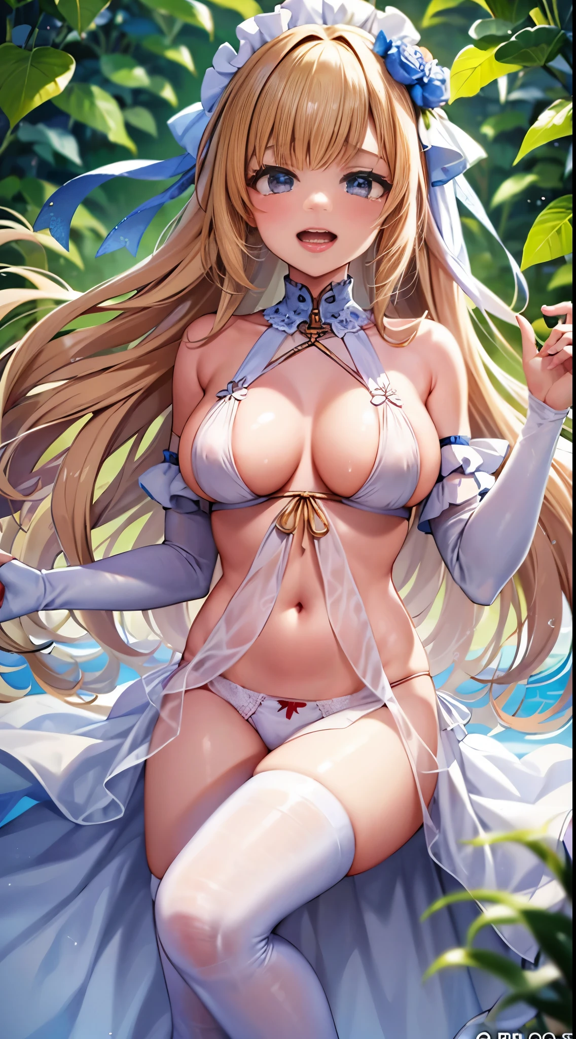 anime girl with long blonde hair and blue eyes in a white dress, high priestess, gorgeous white gown, goddess, white thighhigh boots, blonde anime girl with long hair, anime goddess, seductive anime girl, render of april, ecchi, from the azur lane videogame, water garden, pixiv 3dcg, ahegao, blush, sweat, open mouth, rolling eyes, tears, tongue out, skirt lift by myself, showing panties, nsfw,