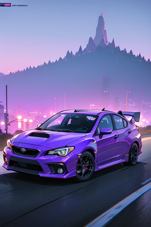 retrowave. 2020 Subaru WRX STI on the road, purple neon lights, Sun, mountain, Walpaper, Best Quality, Perfect Quality, Photorealistic, ultra realisic, absurdes, (Masterpiece,Detailed,hight resolution),