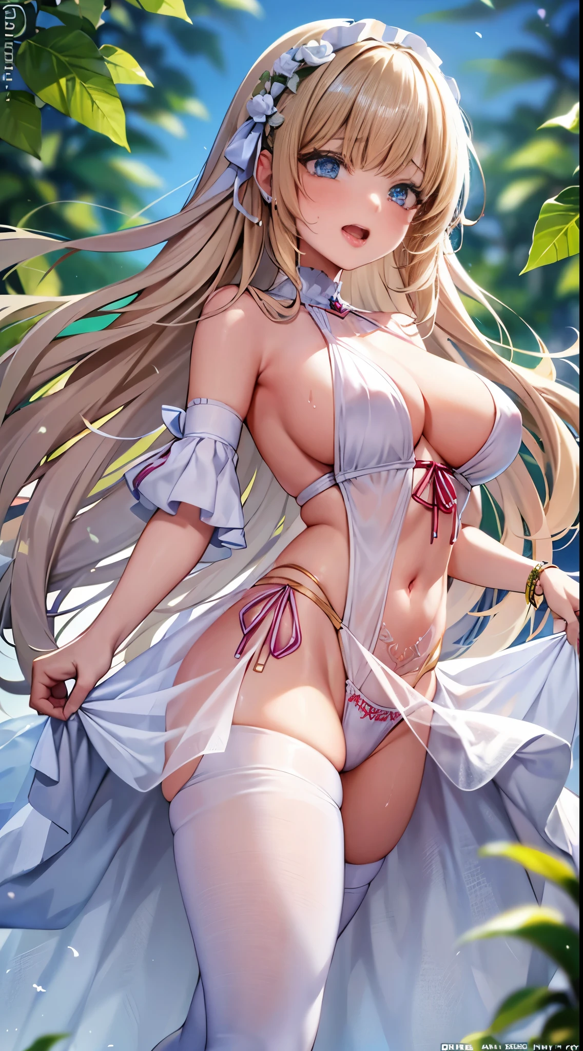 anime girl with long blonde hair and blue eyes in a white dress, high priestess, gorgeous white gown, goddess, white thighhigh boots, blonde anime girl with long hair, anime goddess, seductive anime girl, render of april, ecchi, from the azur lane videogame, water garden, pixiv 3dcg, ahegao, blush, sweat, open mouth, rolling eyes, tears, tongue out, skirt lift by myself, showing panties, nsfw,