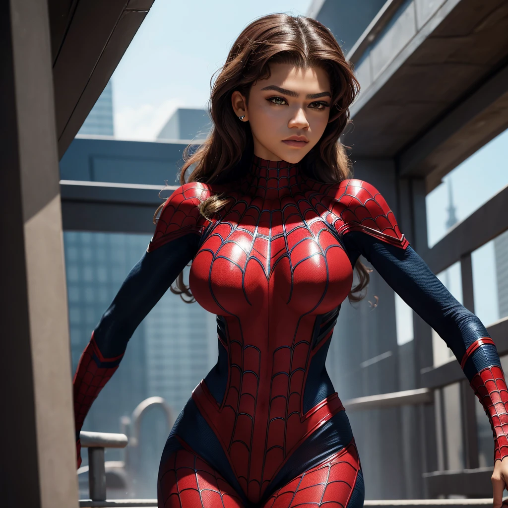 Zendaya, ((culo grande)), (cintura super delgada), con el traje de spiderman ajustado, volteando hacia adelante, ultratextura, hiper realismo, ((huge tits))