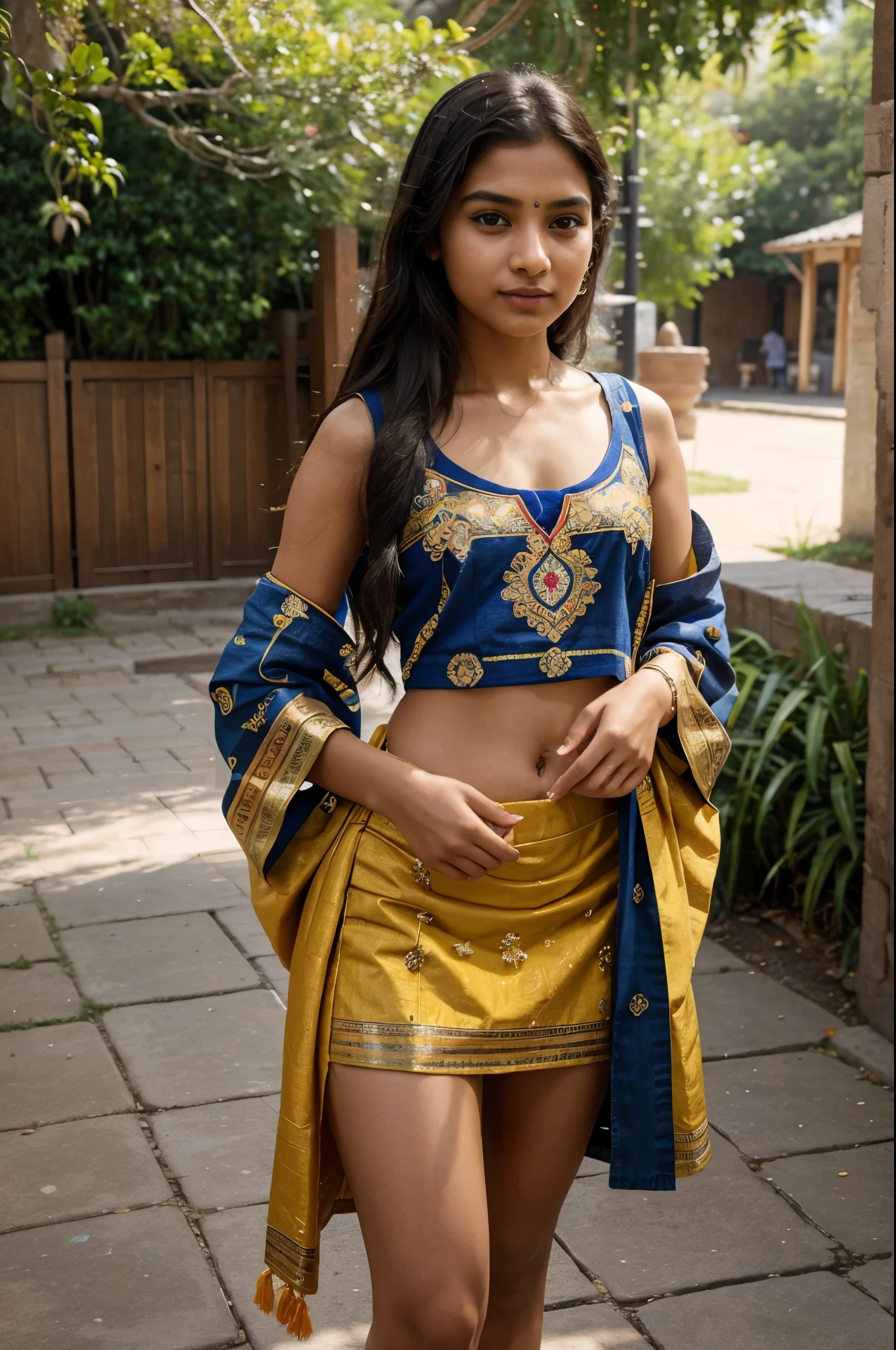 Craft a hyper realistic and vivid description of an exceptionally attractive Gen Z Indian girl who skillfully fuses traditional elements with contemporary style. Capture her fashion-forward choices, vibrant personality, and the unique charm she brings to embody the intersection of age-old traditions and the spirited trends of today's generation. Explore how her cultural roots and modern flair seamlessly coalesce, painting a picture of timeless allure and youthful exuberance