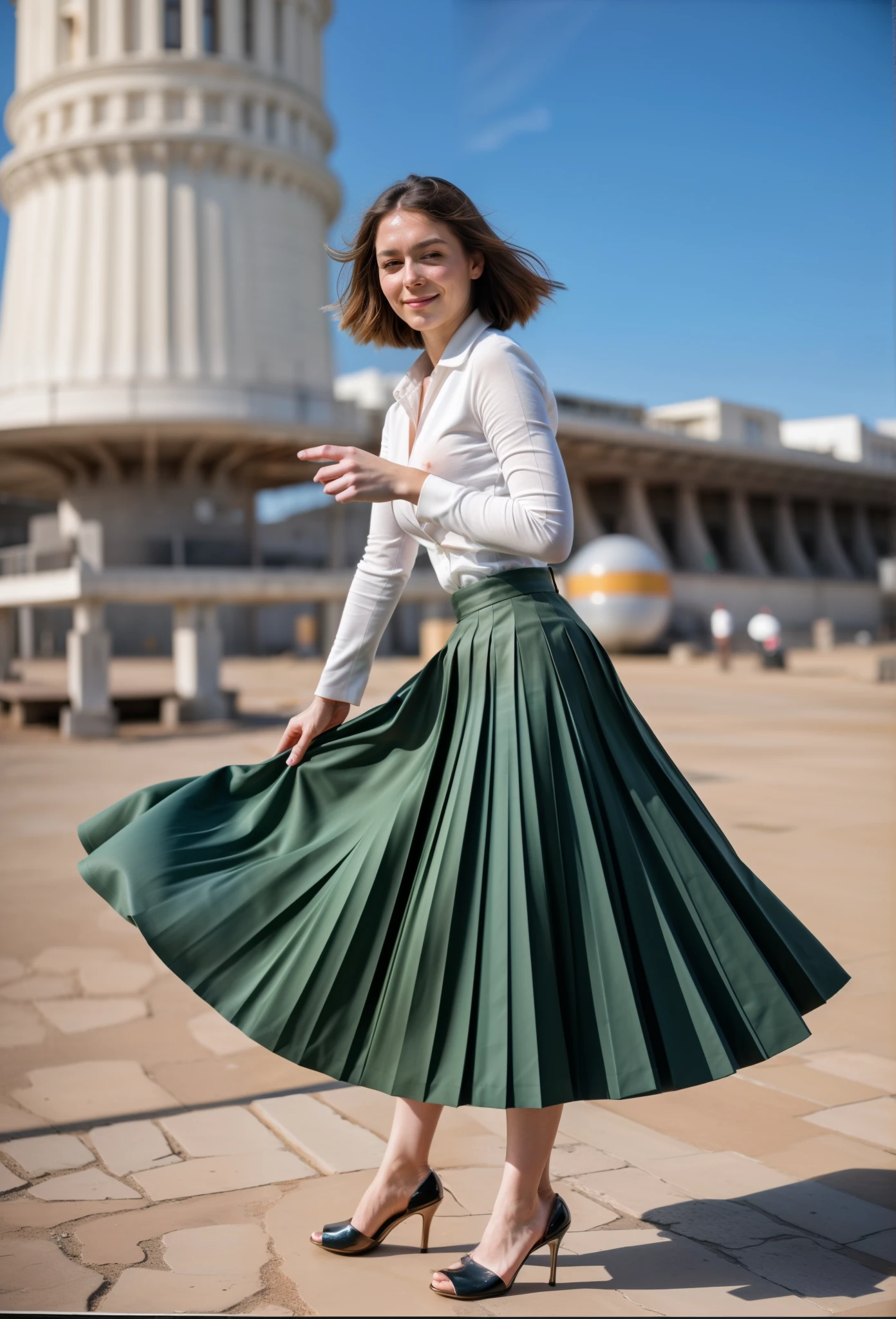 35mm f1.4 Kodak portra 400 photograph, extremely high quality RAW photograph, a woman is playing with her skirt on space station, (shy) authentic (kind and tender) lesbian woman wearing a short blazer with a very very detailed (long (fully pleated) full circle skirt) and () low heeled office shoes, very very intricate hyper-detailed symmetric (attractive graceful young feminine face) with (sad, tired) eyes and a (flirty smile:1.2), full of empathy and compassion and love, (pronounced feminine features:1,3), (big boobs, large breast), (no shirt, no bra), (highly detailed ultra accurate realistic) hands and fingers, ((windy conditions and wind blowing)), epic composition, highly detailed attributes, highly detailed atmosphere, detailed background, intricate, Exquisite details and textures, highly detailed, deep space station secret operations active background