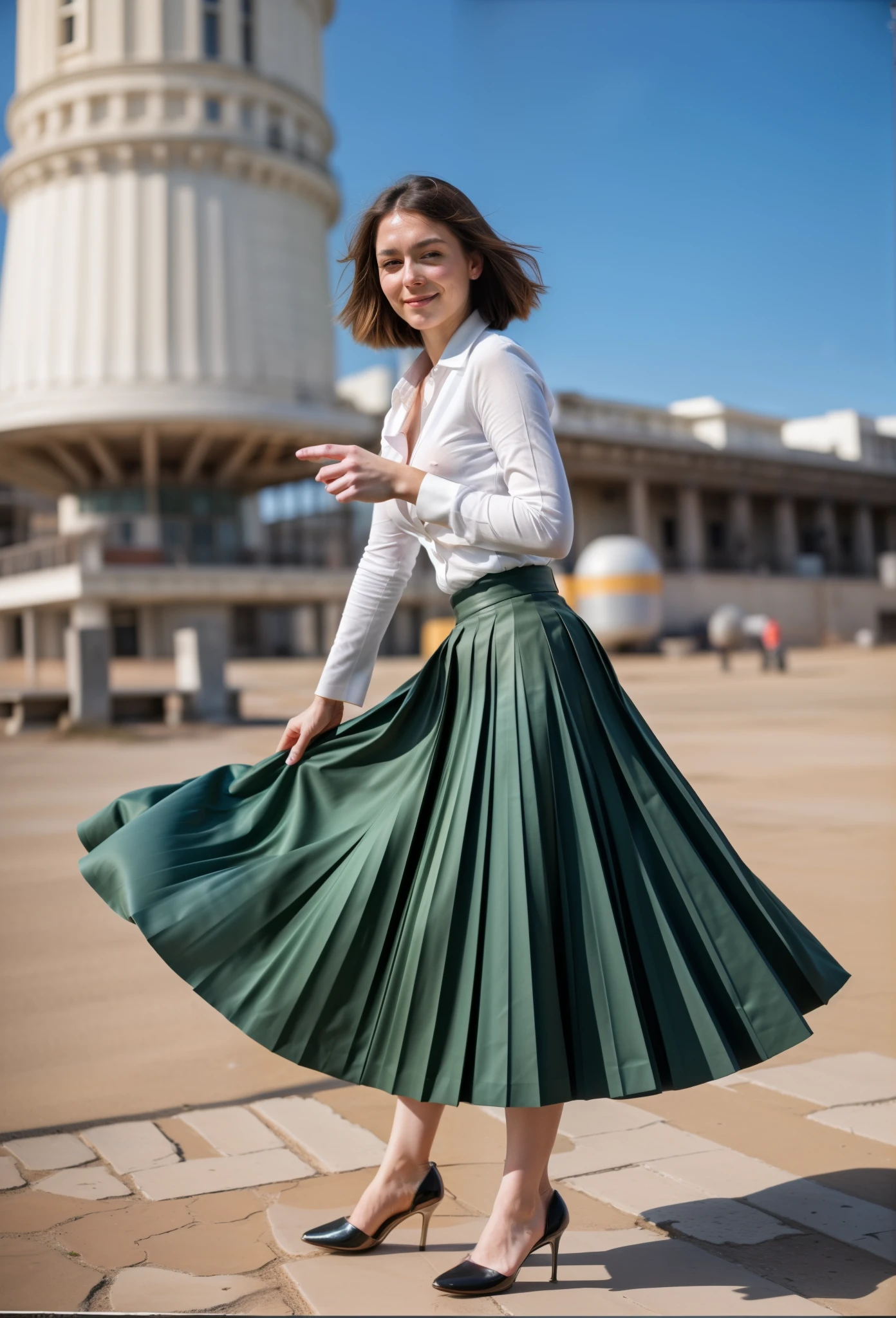 35mm f1.4 Kodak portra 400 photograph, extremely high quality RAW photograph, a woman is playing with her skirt on space station, (shy) authentic (kind and tender) lesbian woman wearing a short blazer with a very very detailed (long (fully pleated) full circle skirt) and () low heeled office shoes, very very intricate hyper-detailed symmetric (attractive graceful young feminine face) with (sad, tired) eyes and a (flirty smile:1.2), full of empathy and compassion and love, (pronounced feminine features:1,3), (big boobs, large breast), (no shirt, no bra), (highly detailed ultra accurate realistic) hands and fingers, ((windy conditions and wind blowing)), epic composition, highly detailed attributes, highly detailed atmosphere, detailed background, intricate, Exquisite details and textures, highly detailed, deep space station secret operations active background