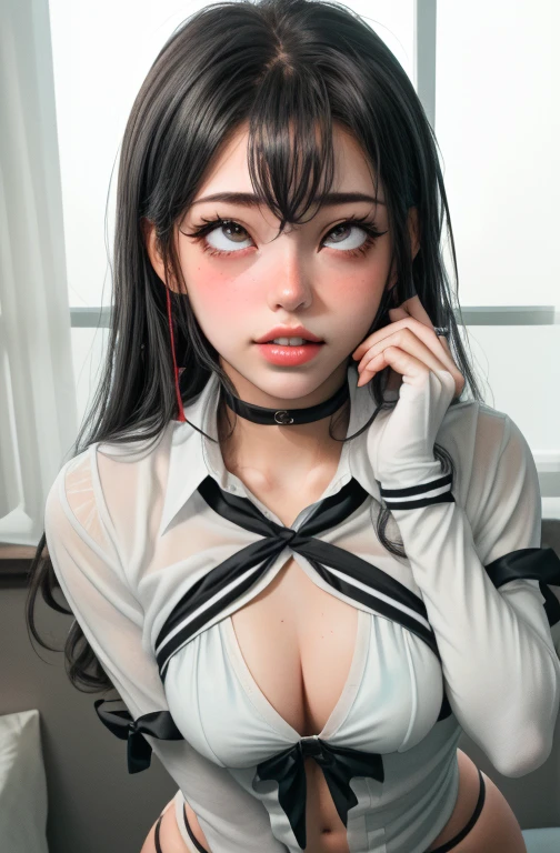 (full figure:1.1), (1 girl as yukino yukinoshita:1.5), highres, solo, big breasts, waist long black hair, (twintails:0.5), (pleated miniskirt:1.2), (black thighhigh socks:1.2), loose red ribbon, (flipping skirt:1.2), (unbuttoned white shirt:1.4), (ahegao:1.5), green eyes, (rolling eyes:1.5), (torn clothes:1.5), naked breastss, spread legs, no panties