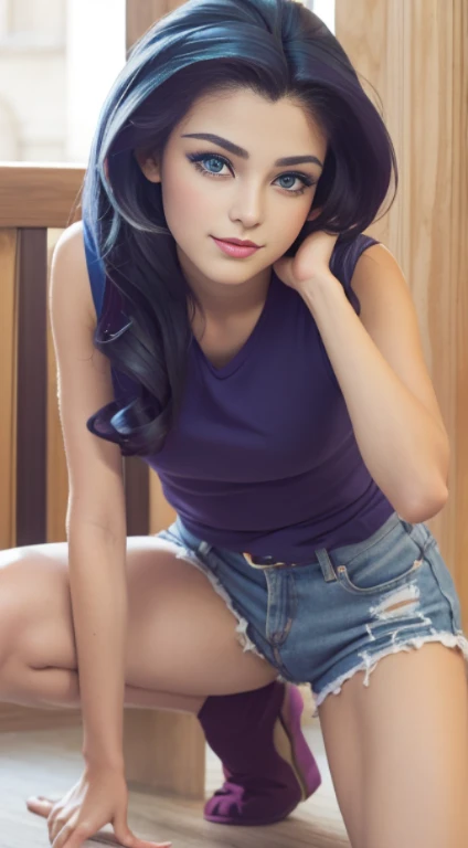 (Obra maestra, La mejor calidad, fotorrealista, Altas Resoluciones, Cinematographer, :1.3), foco nítido, 1 chica adolesente hermosa , Chica Americana  , 16 year old , Modelo  adolesente ,diafragma, Ojos color azul y pupilas altamente detallados, Piel realista, Forma delgada del cuerpo, escote, cabello extremadamente detallado, They are smiling, sexy, fondo variado , ((realista, super-realistic, realismo, Detalles realistas)) Rarity , mlp  , lindo maquillaje ,labios rojos , cabello largo purpura ,pony tail , cuerpo completo , cuerpo sexy , posando sexy  , ropa sexy a la moda  , chica alegre  , pose con pierna crusadas , small-nose