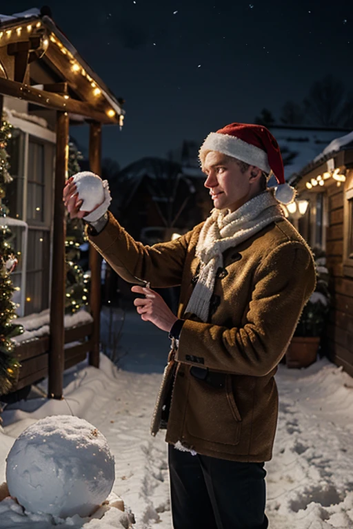 male christmas elff aiming a snowball at night, portrait, style of an oil paining, 8k