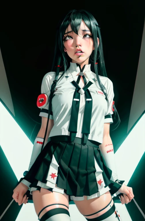 (full figure:1.1), (1 girl as yukino yukinoshita:1.5), highres, solo, big breasts, waist long black hair, (twintails:0.5), (pleated miniskirt:1.2), (black thighhigh socks:1.2), loose red ribbon, (flipping skirt:1.2), (unbuttoned white shirt:1.4), (ahegao:1.5), green eyes, (rolling eyes:1.5), (torn clothes:1.5), naked breastss, spread legs, no panties