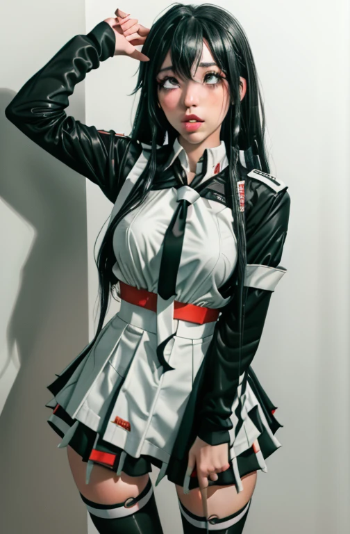 (full figure:1.1), (1 girl as yukino yukinoshita:1.5), highres, solo, big breasts, waist long black hair, (twintails:0.5), (pleated miniskirt:1.2), (black thighhigh socks:1.2), loose red ribbon, (flipping skirt:1.2), (unbuttoned white shirt:1.4), (ahegao:1.5), green eyes, (rolling eyes:1.5), (torn clothes:1.5), naked breastss, spread legs, no panties