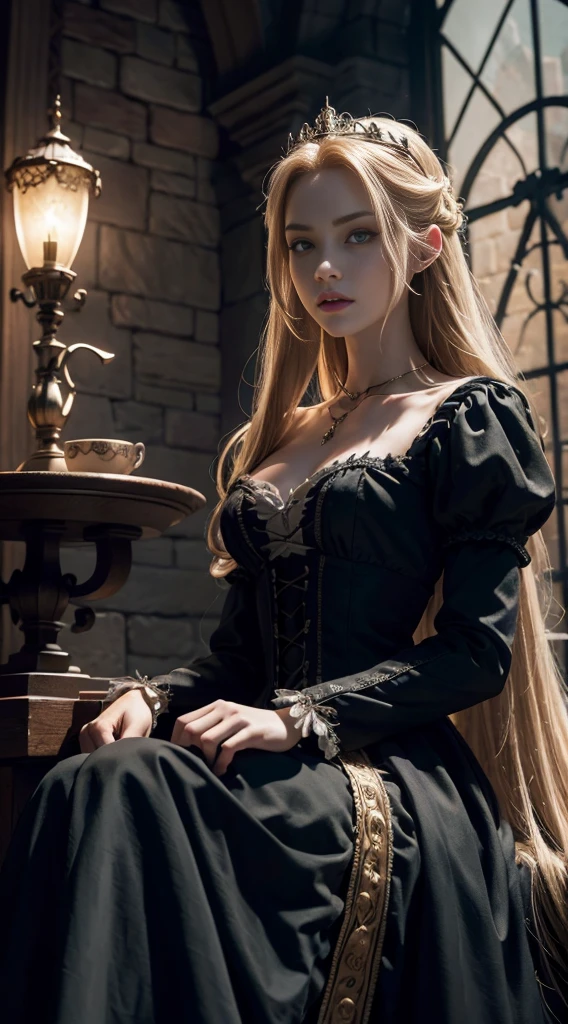 RAW Photos,black light, hair blonde, dark surroundings, Dark masterpiece, mulher fair brown-skinned, SITTING ON A THRONE, throne with thorns, black roses, woman in black dress, posing photo, long hair, hair blonde, black witchcraft, red geometric shiny background, full body size, Eastern fantasy theme, Eyes red, underworld, cold stare, Dark clothes, long and tight, fair brown-skinned, color classification, dark illustration, extreme quality, Radiant, extremely detaild, Face ultra detailed, ultra hd 8k, ultradigitality, mythical, black lightning, Conceital Art Portrait of Greg Rutkowski, artgerm, hyperdetailed, intricately detailed Gothic art, dark gothic fantasy style, triadic colors, Fantastic, intricate-detail, opening screen, colors complementary, fantasy concept art, 8K resolution, masterpiece of gothic deviantart, Heavy strokes, soft lighting, Surrealism
