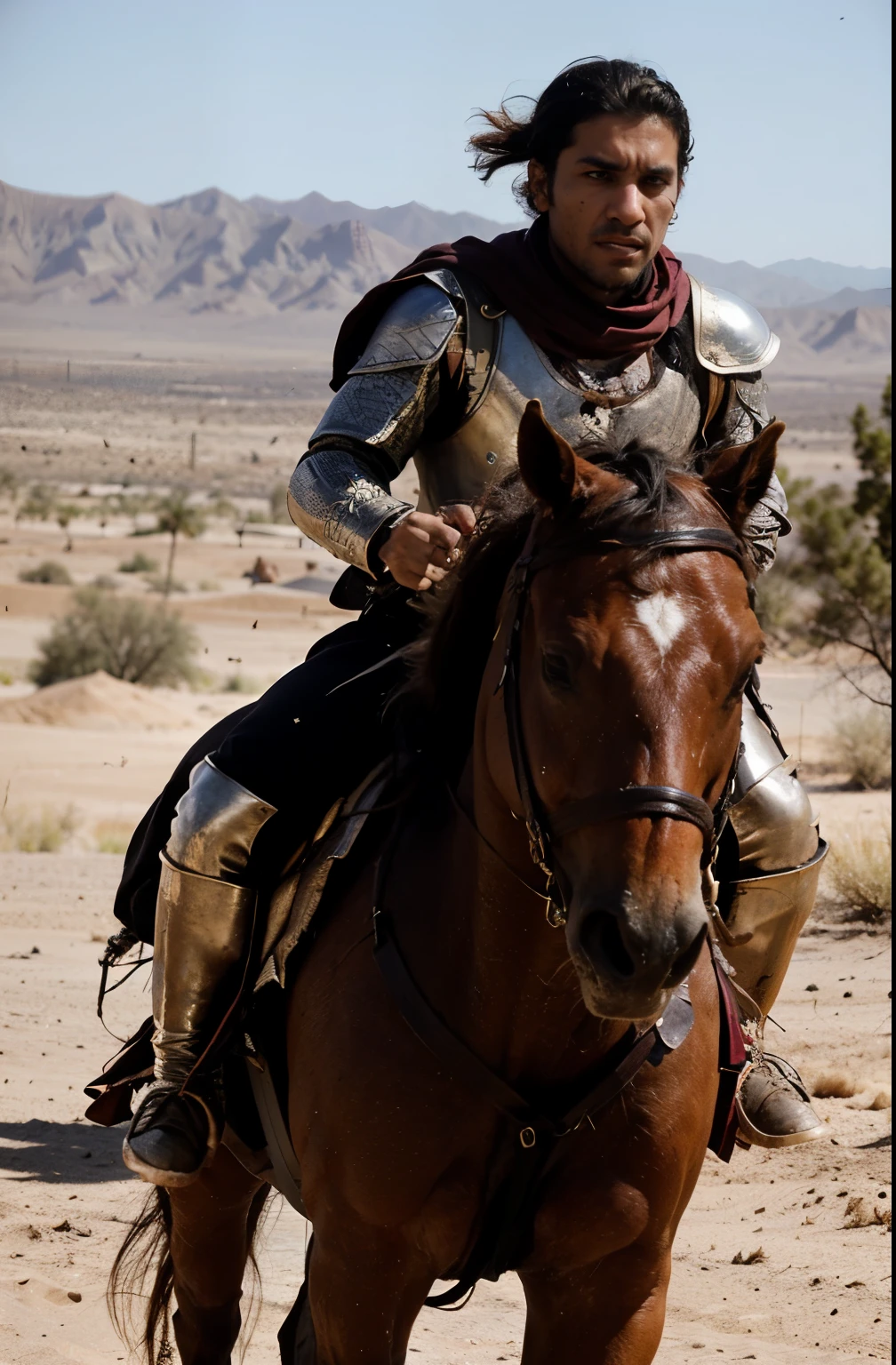 A strong warrior with a strong body. His face has angry features from the days of Islam. He has an Arab sword and an Arab shield. He rides a horse and runs in the desert. He wears desert clothing while the horse runs. Battle, sweating.