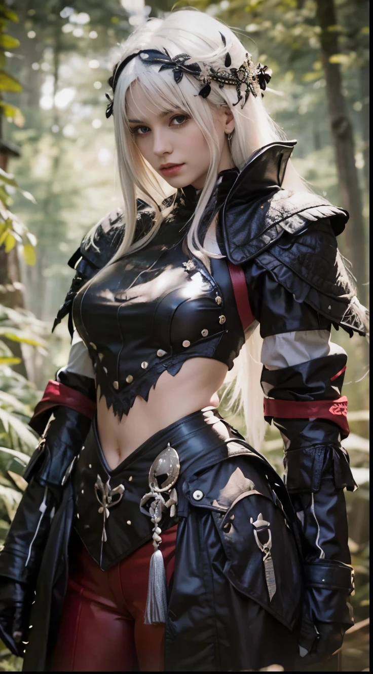 (Best Quality), (ultra-detailliert), (master piece), (hight resolution), (Original), (the Extremely Detailed CG Unity 8K Wallpapers), [:(Face detail: 1.4): 0.4], 16K resolution, 1 girl, 18 years young, medieval setting, (elven featured face, beautiful light blue eyes, long blond hair), (black leather armor, black leather pants, braided leather, elven design), arrogant facial expression, conceited, confident, decadent (oak forest, giant oak tree, detailed forest in background, sunset background, bright lights, brightly lit), skintight armor, wearing golden necklace, beautiful golden braclets, knik hips, slim waist, slim body, wears wide hip belt with golden buckle, hip belt is adjusted too tightly, hip belt cuts into waist, looks at camera, close up portrait, hourglass body shape