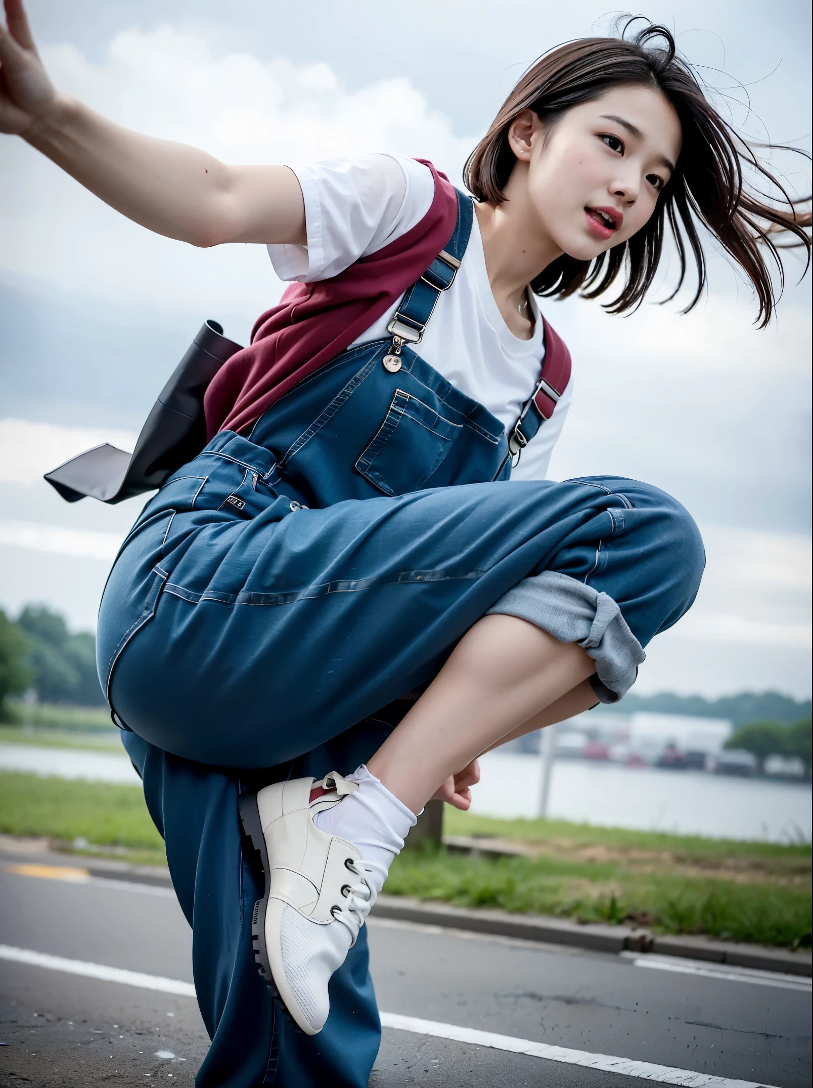 (realisitic、Photorealsitic:1.37)、(8K、Raw photography、top-quality、masterpiece:1.2)、Very cute woman、ultra-detailliert、Heart-shaped pupil、physically-based renderingt、超A high resolution、Kodak Vision Color、Captured with an Arricam LT camera、bokeh dof、foco nítido、(((Correct anatomy:1.2)))、A high-definition, realistic image of a young Japanese woman flipping in the air during rain, captured from a powerful low angle. She\'s wearing baggy overalls. The scene captures the moment when raindrops create dynamic ripples and splash on the water surface. In the background, fighter jets at an air force base are visible. The water spray flying up from her feet forms a large arc, vividly illustrating the trajectory of her somersault. This image emphasizes the realism and detail of her cheerful expression, the complexity of the raindrops, and the dynamic atmosphere of the air force base setting.