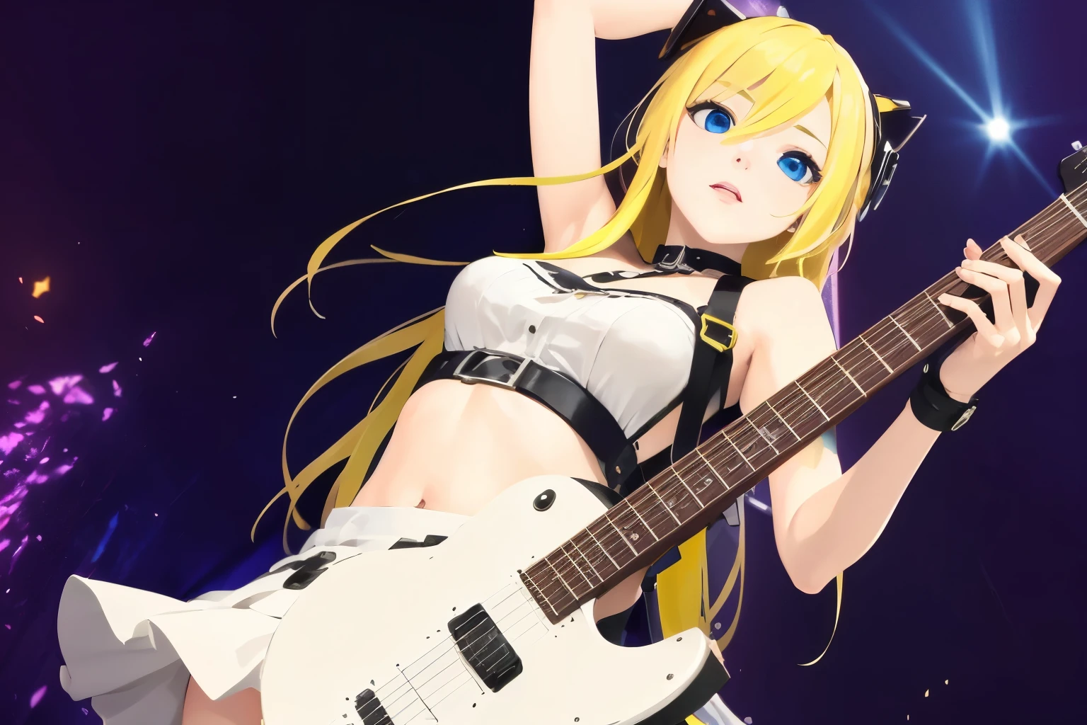 masterpiece, top quality 16k raw photo of Vocaloid3 Lily posing with guitar, blond hair blue eyes. navel look white skirt. hand behind her head.