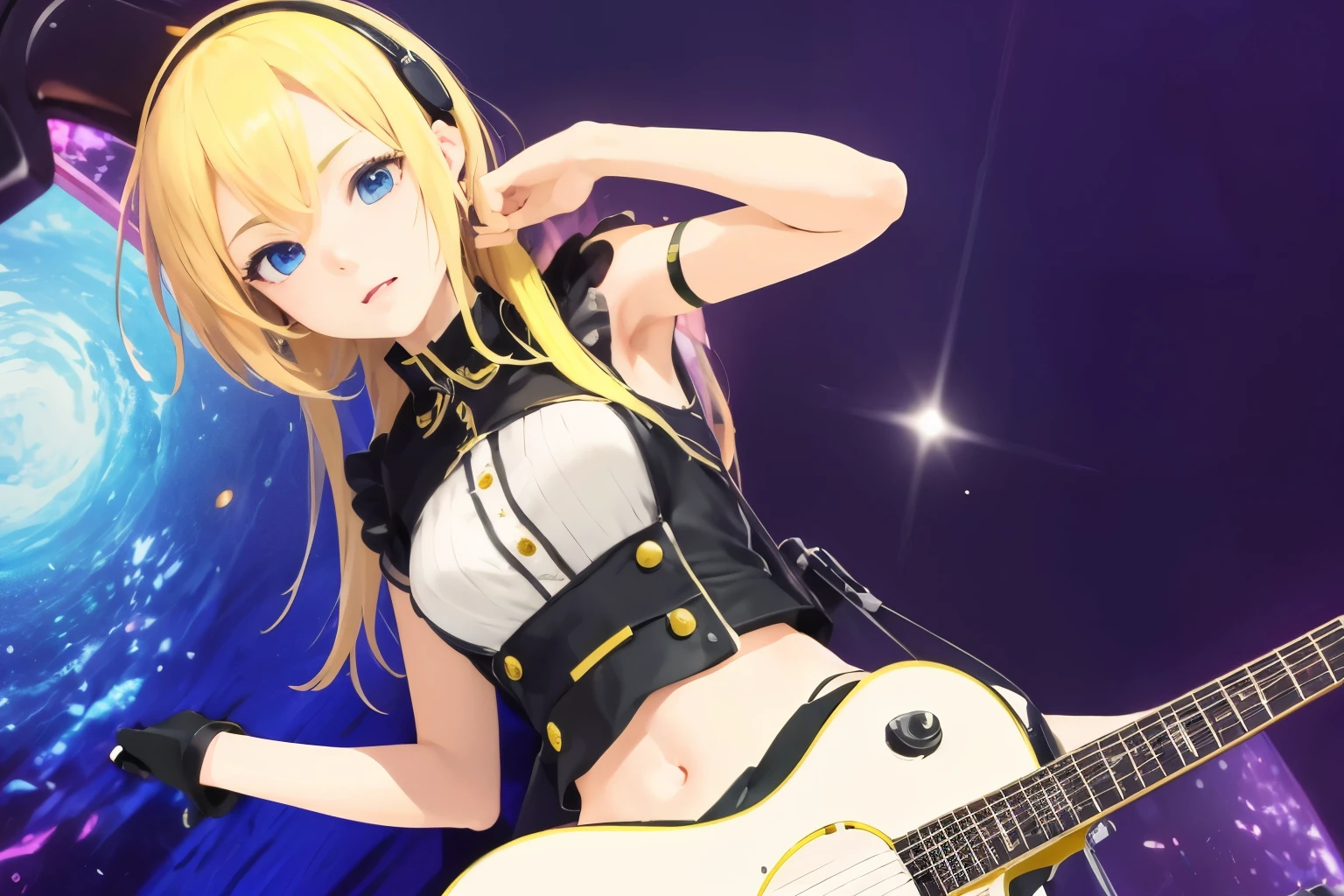 masterpiece, top quality 16k raw photo of Vocaloid3 Lily posing with guitar, blond hair blue eyes. navel look white skirt. hand behind her head.