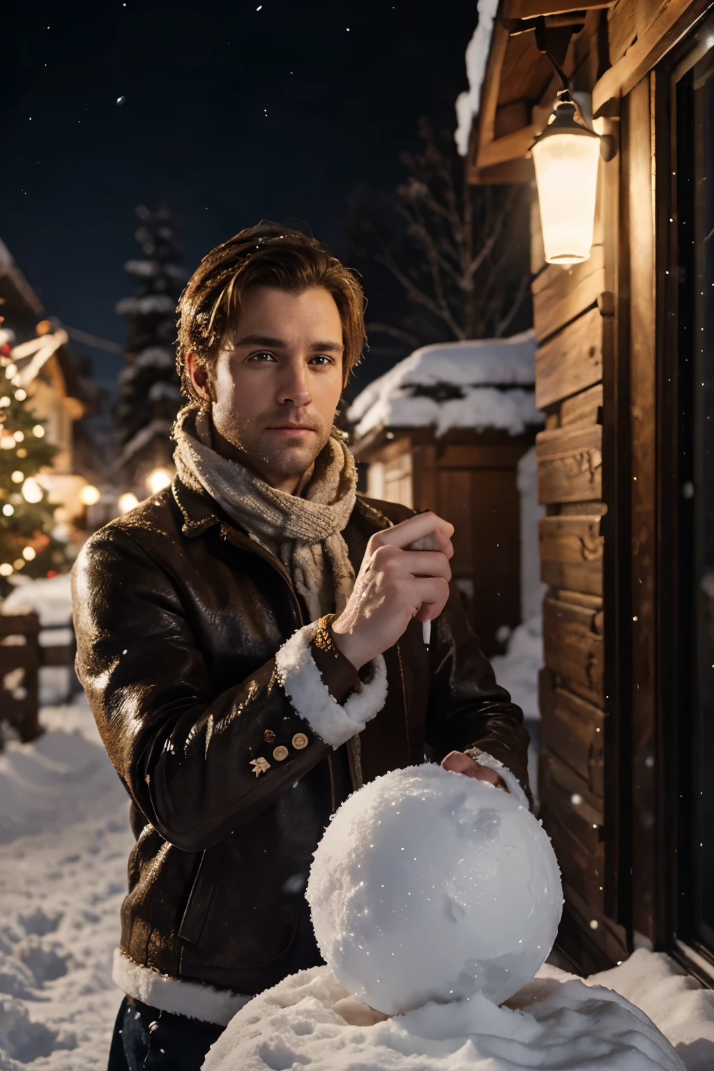 male christmas elff aiming a snowball at night, portrait, style of an oil paining, 8k